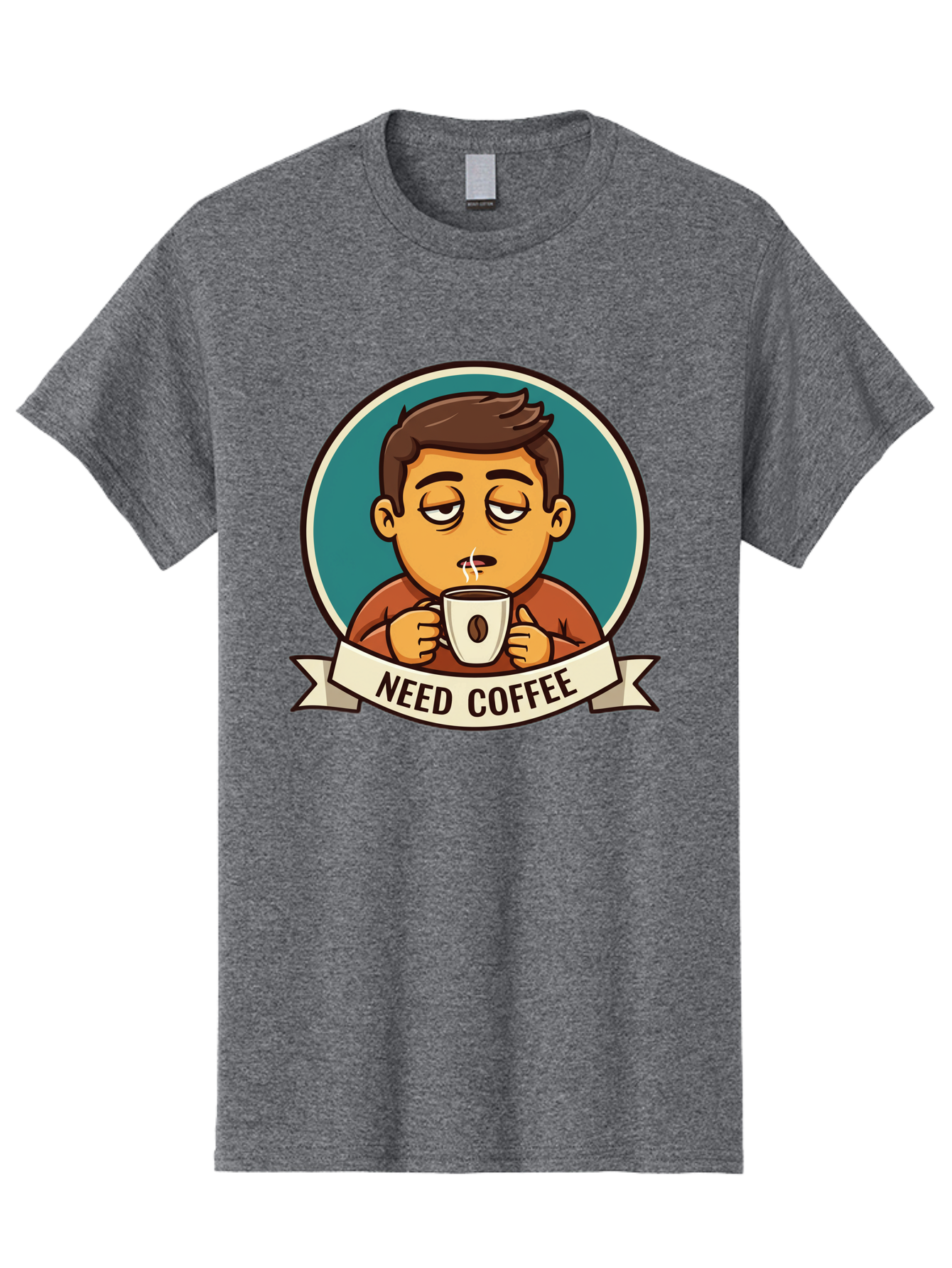 Need-Coffee Men'S Graphic Tee, 100% Cotton, Comfortable Casual Summer Wear, Machine Washable, Tired Cartoon Character, Coffee Lover, Morning Pick-Me-Up, Caffeine Fix, Funny Illustration, Coffee Addiction, Coffee Culture Bac195 11