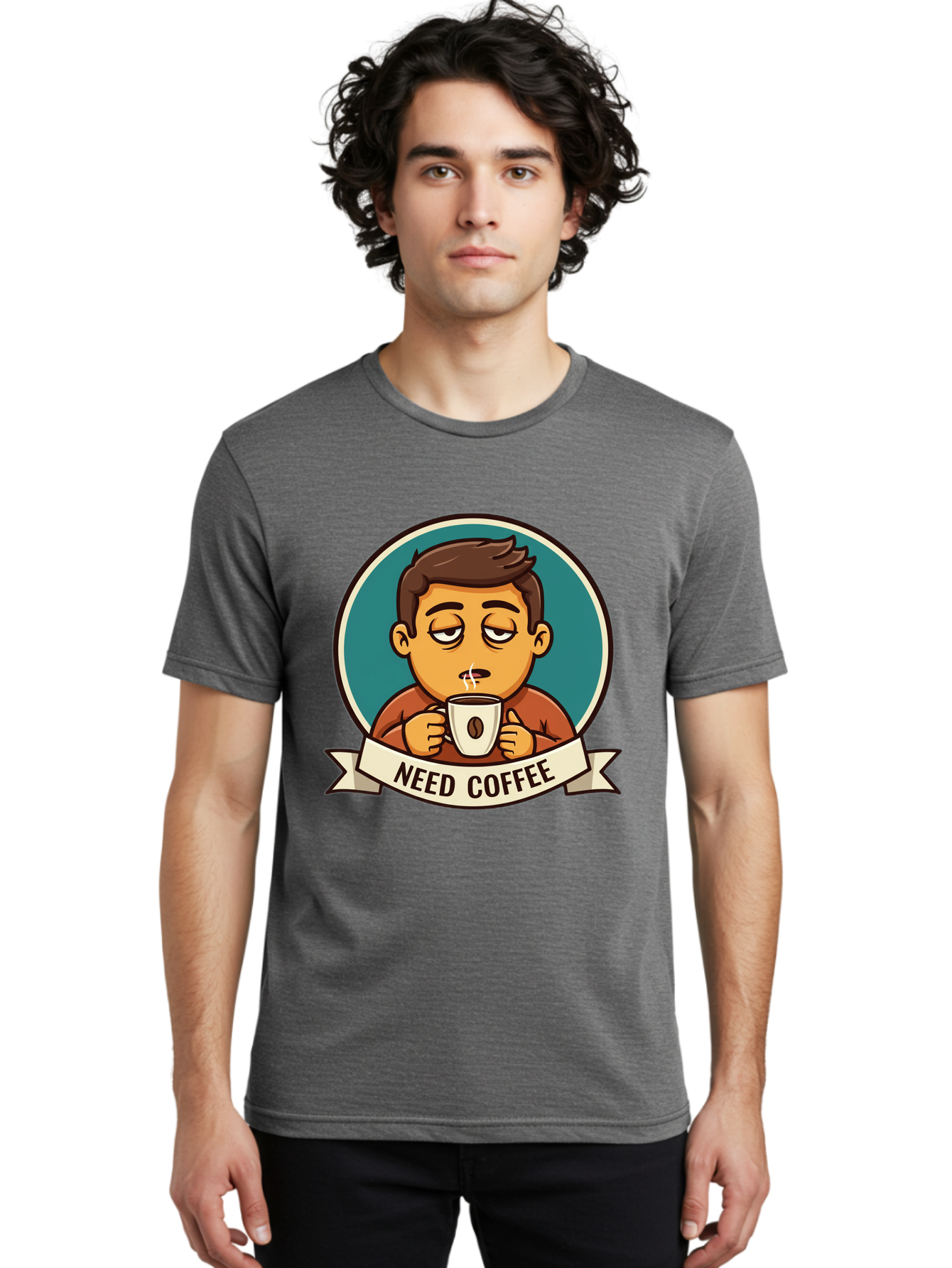 Need-Coffee Men'S Graphic Tee, 100% Cotton, Comfortable Casual Summer Wear, Machine Washable, Tired Cartoon Character, Coffee Lover, Morning Pick-Me-Up, Caffeine Fix, Funny Illustration, Coffee Addiction, Coffee Culture Bac195 26