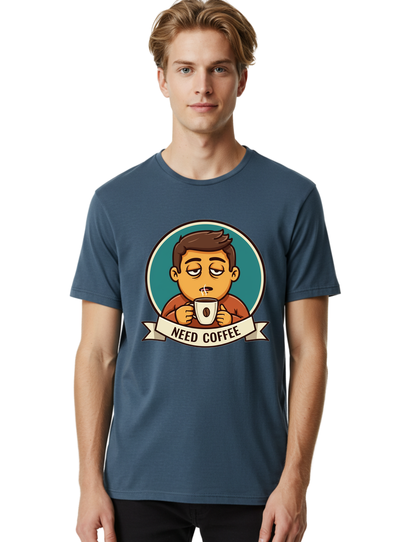 Need-Coffee Men'S Graphic Tee, 100% Cotton, Comfortable Casual Summer Wear, Machine Washable, Tired Cartoon Character, Coffee Lover, Morning Pick-Me-Up, Caffeine Fix, Funny Illustration, Coffee Addiction, Coffee Culture Bac195 21