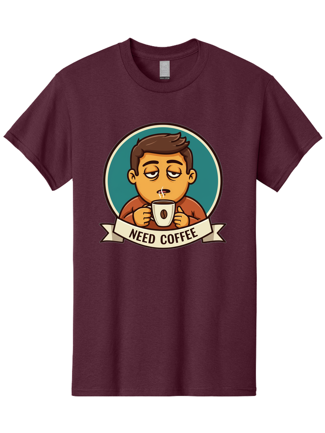 Need-Coffee Men'S Graphic Tee, 100% Cotton, Comfortable Casual Summer Wear, Machine Washable, Tired Cartoon Character, Coffee Lover, Morning Pick-Me-Up, Caffeine Fix, Funny Illustration, Coffee Addiction, Coffee Culture Bac195 10