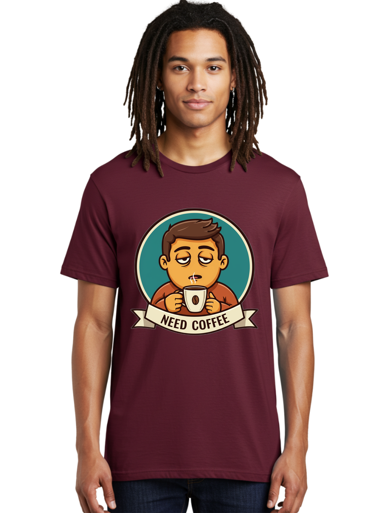 Need-Coffee Men'S Graphic Tee, 100% Cotton, Comfortable Casual Summer Wear, Machine Washable, Tired Cartoon Character, Coffee Lover, Morning Pick-Me-Up, Caffeine Fix, Funny Illustration, Coffee Addiction, Coffee Culture Bac195 25