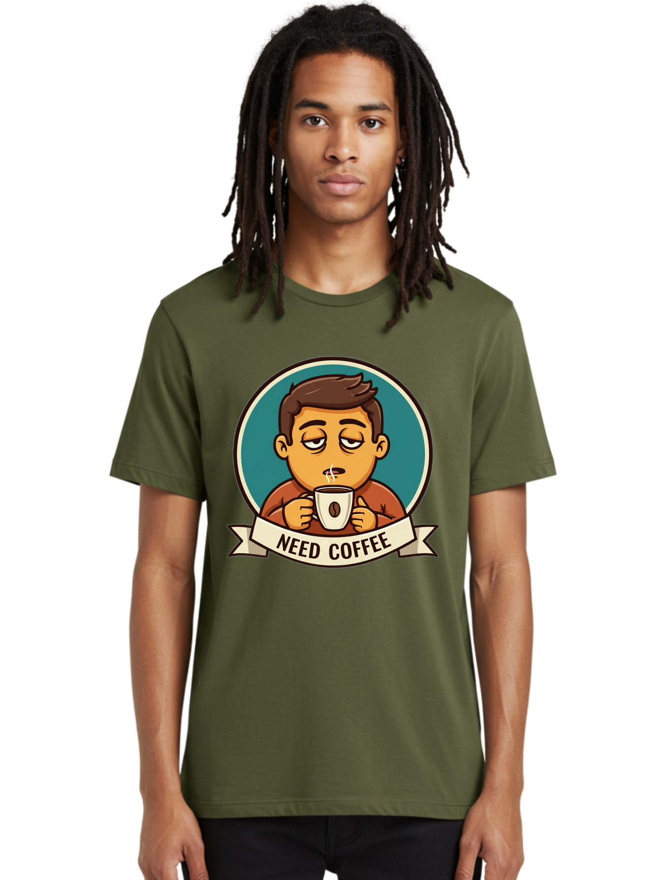 Need-Coffee Men'S Graphic Tee, 100% Cotton, Comfortable Casual Summer Wear, Machine Washable, Tired Cartoon Character, Coffee Lover, Morning Pick-Me-Up, Caffeine Fix, Funny Illustration, Coffee Addiction, Coffee Culture Bac195 19