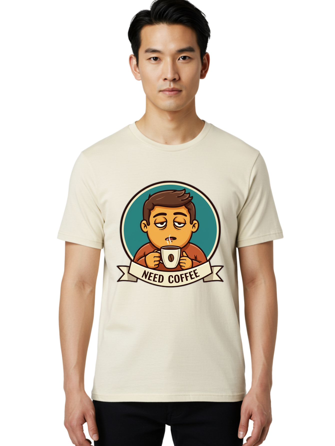 Need-Coffee Men'S Graphic Tee, 100% Cotton, Comfortable Casual Summer Wear, Machine Washable, Tired Cartoon Character, Coffee Lover, Morning Pick-Me-Up, Caffeine Fix, Funny Illustration, Coffee Addiction, Coffee Culture Bac195 28