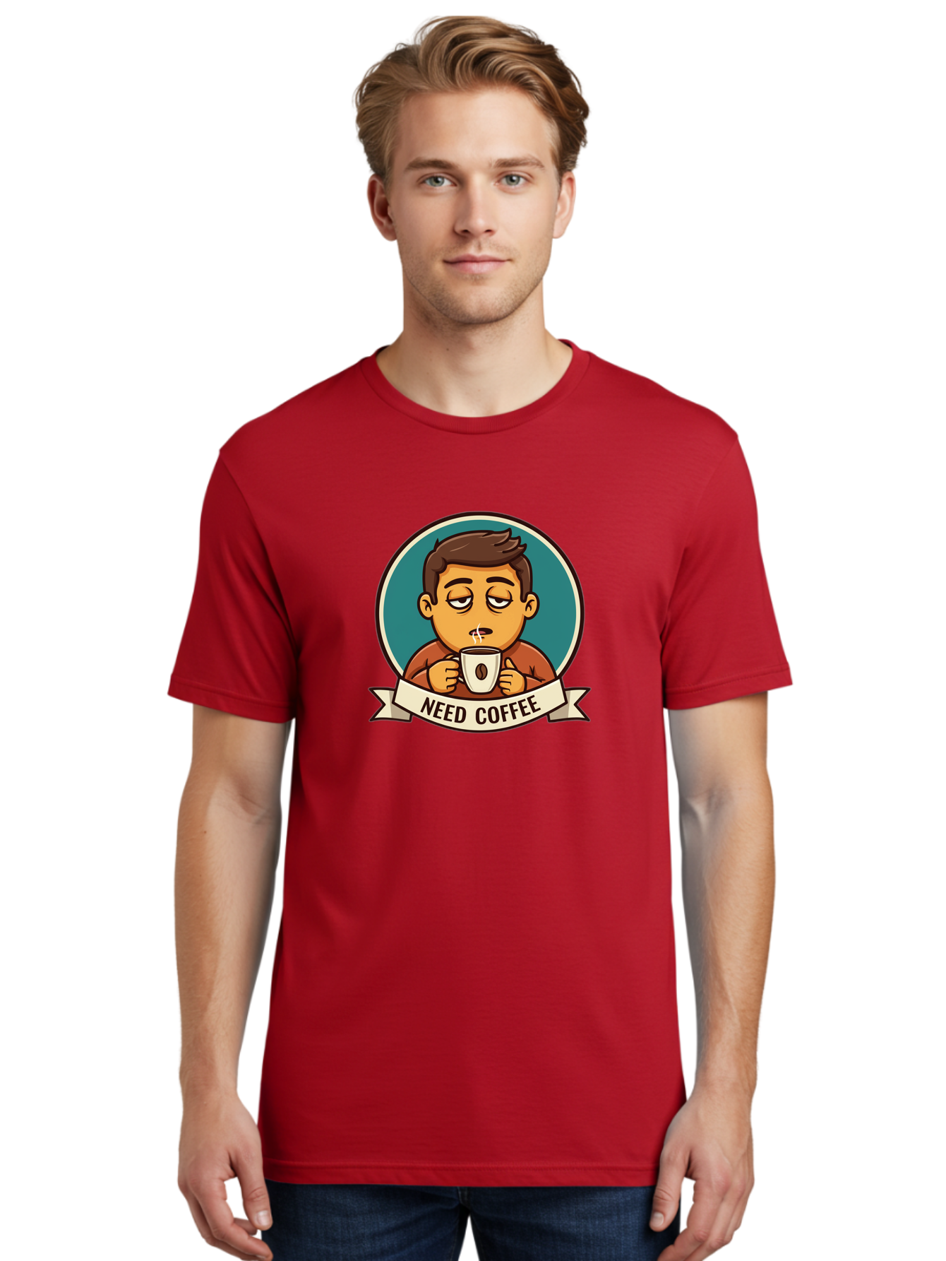 Need-Coffee Men'S Graphic Tee, 100% Cotton, Comfortable Casual Summer Wear, Machine Washable, Tired Cartoon Character, Coffee Lover, Morning Pick-Me-Up, Caffeine Fix, Funny Illustration, Coffee Addiction, Coffee Culture Bac195 27