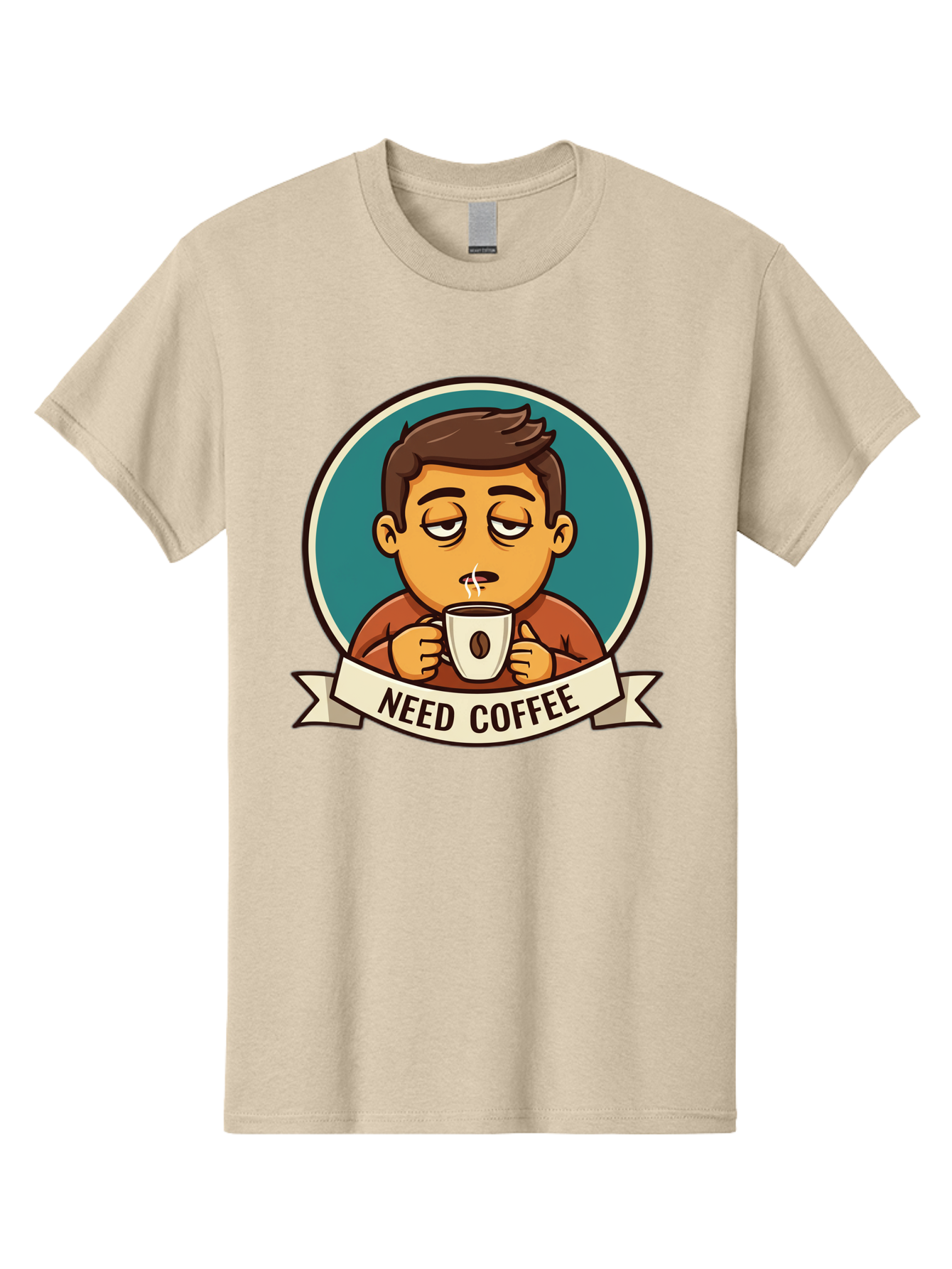 Need-Coffee Men'S Graphic Tee, 100% Cotton, Comfortable Casual Summer Wear, Machine Washable, Tired Cartoon Character, Coffee Lover, Morning Pick-Me-Up, Caffeine Fix, Funny Illustration, Coffee Addiction, Coffee Culture Bac195 3