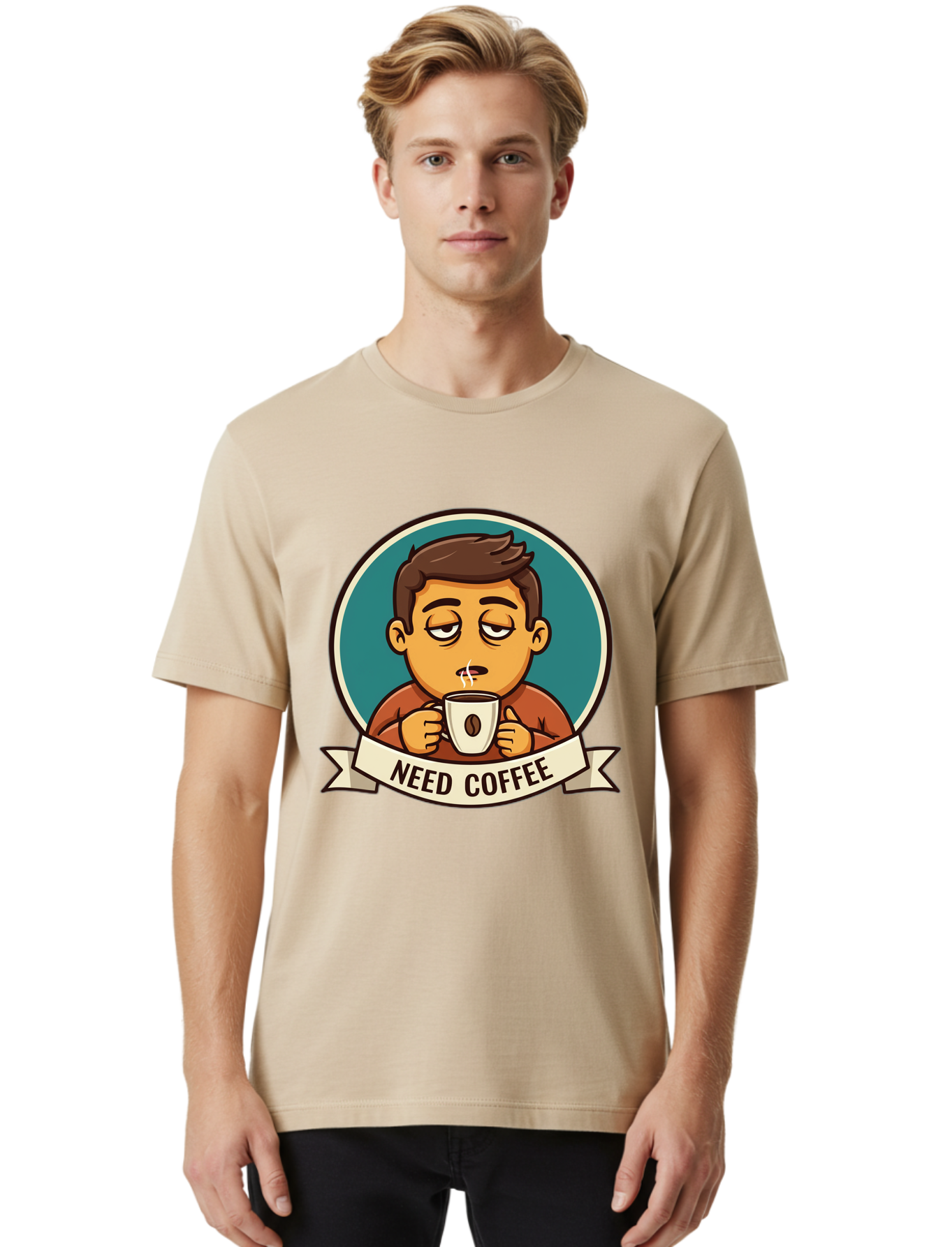 Need-Coffee Men'S Graphic Tee, 100% Cotton, Comfortable Casual Summer Wear, Machine Washable, Tired Cartoon Character, Coffee Lover, Morning Pick-Me-Up, Caffeine Fix, Funny Illustration, Coffee Addiction, Coffee Culture Bac195 18
