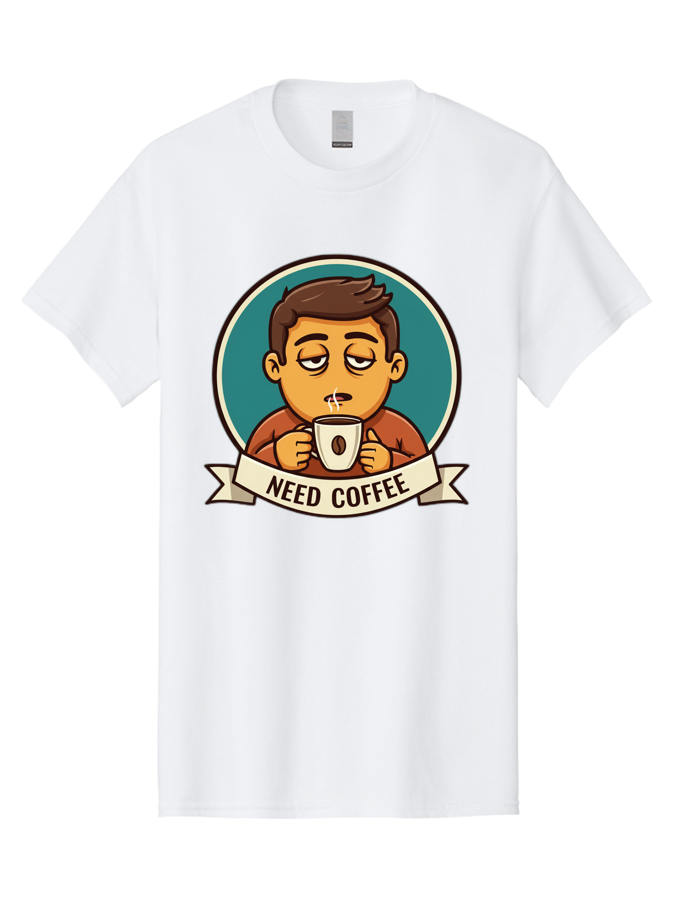 Need-Coffee Men'S Graphic Tee, 100% Cotton, Comfortable Casual Summer Wear, Machine Washable, Tired Cartoon Character, Coffee Lover, Morning Pick-Me-Up, Caffeine Fix, Funny Illustration, Coffee Addiction, Coffee Culture Bac195 9