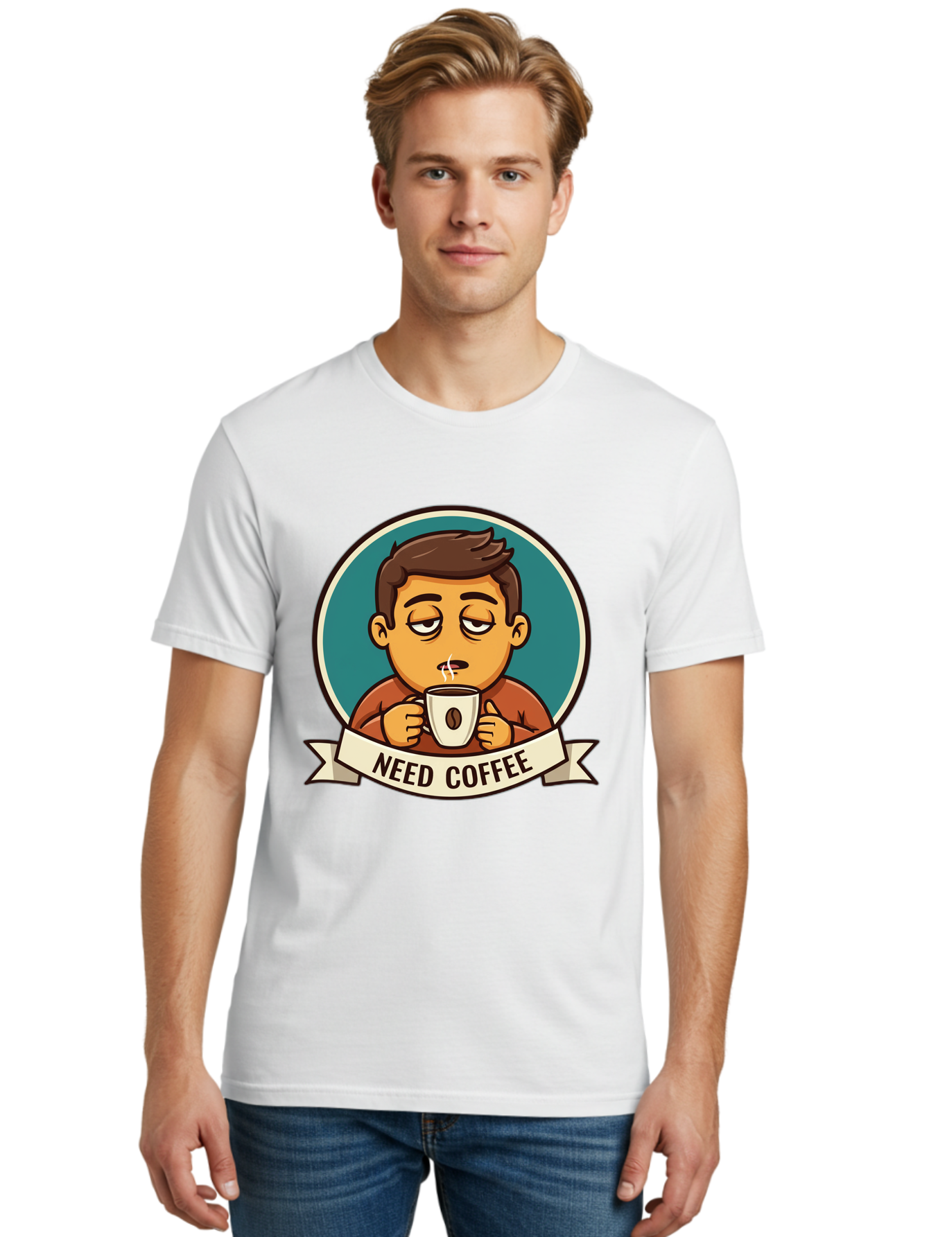 Need-Coffee Men'S Graphic Tee, 100% Cotton, Comfortable Casual Summer Wear, Machine Washable, Tired Cartoon Character, Coffee Lover, Morning Pick-Me-Up, Caffeine Fix, Funny Illustration, Coffee Addiction, Coffee Culture Bac195 24