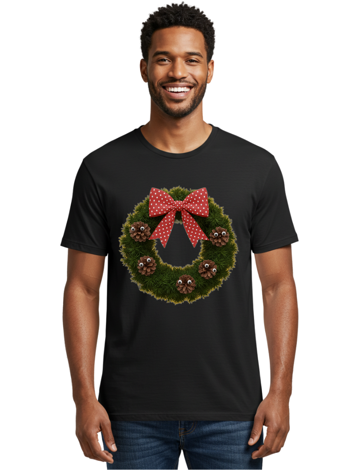 Pinecone-Wreath Men'S Graphic Tee, 100% Cotton, Comfortable Casual Summer Wear, Machine Washable, Christmas Wreath With Pinecones, Red Bow, White Polka Dots, Holiday Decoration, Festive Decor, Christmas Tree Branches, Bac246 26
