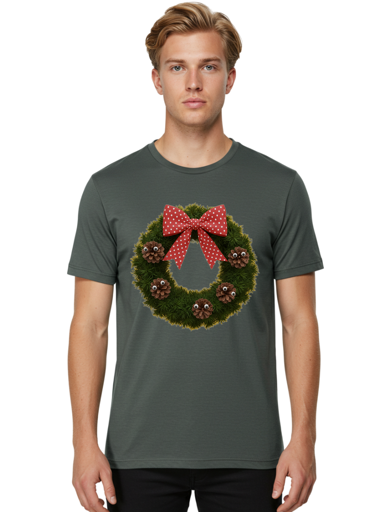 Pinecone-Wreath Men'S Graphic Tee, 100% Cotton, Comfortable Casual Summer Wear, Machine Washable, Christmas Wreath With Pinecones, Red Bow, White Polka Dots, Holiday Decoration, Festive Decor, Christmas Tree Branches, Bac246 21