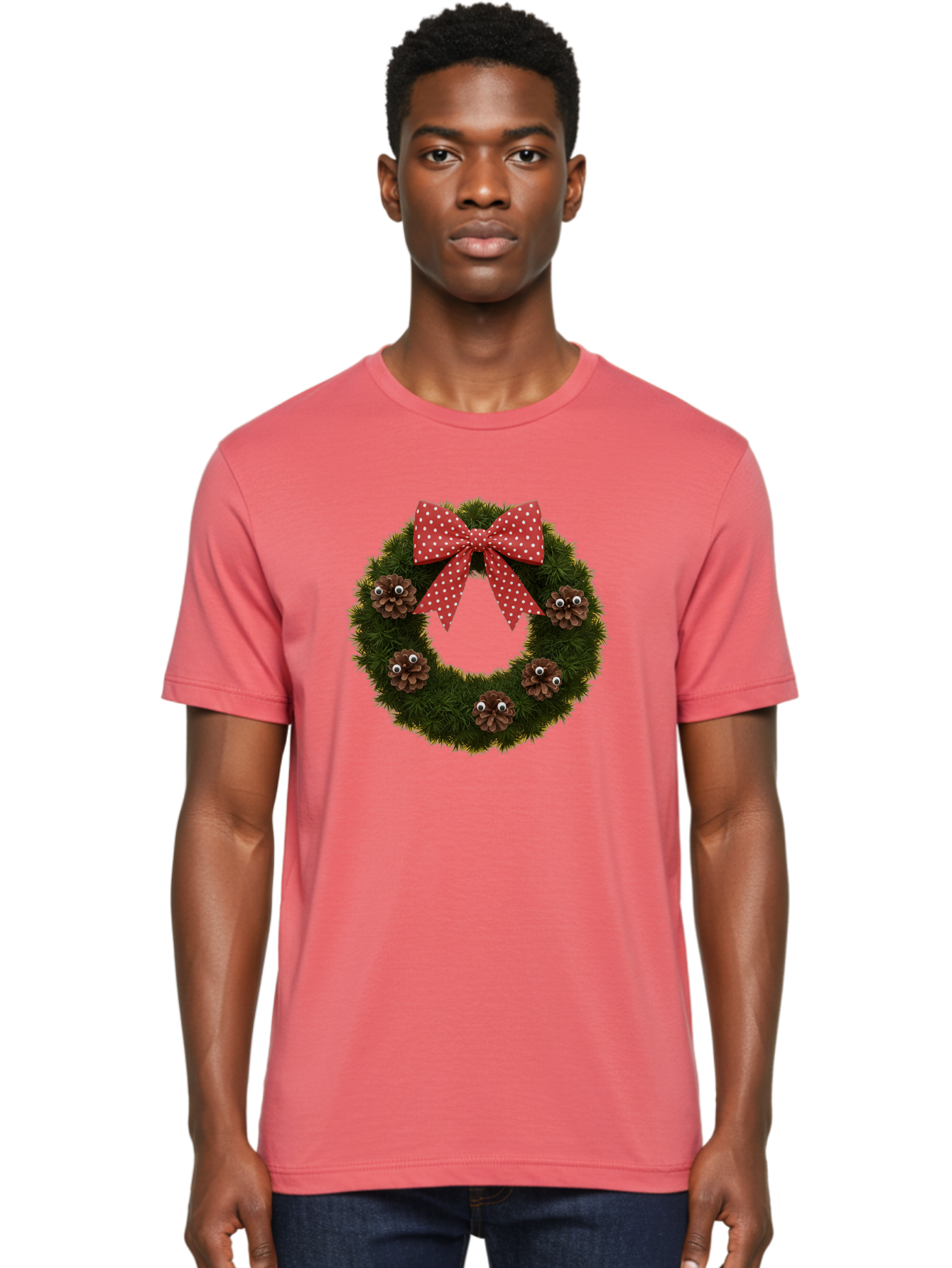 Pinecone-Wreath Men'S Graphic Tee, 100% Cotton, Comfortable Casual Summer Wear, Machine Washable, Christmas Wreath With Pinecones, Red Bow, White Polka Dots, Holiday Decoration, Festive Decor, Christmas Tree Branches, Bac246 16