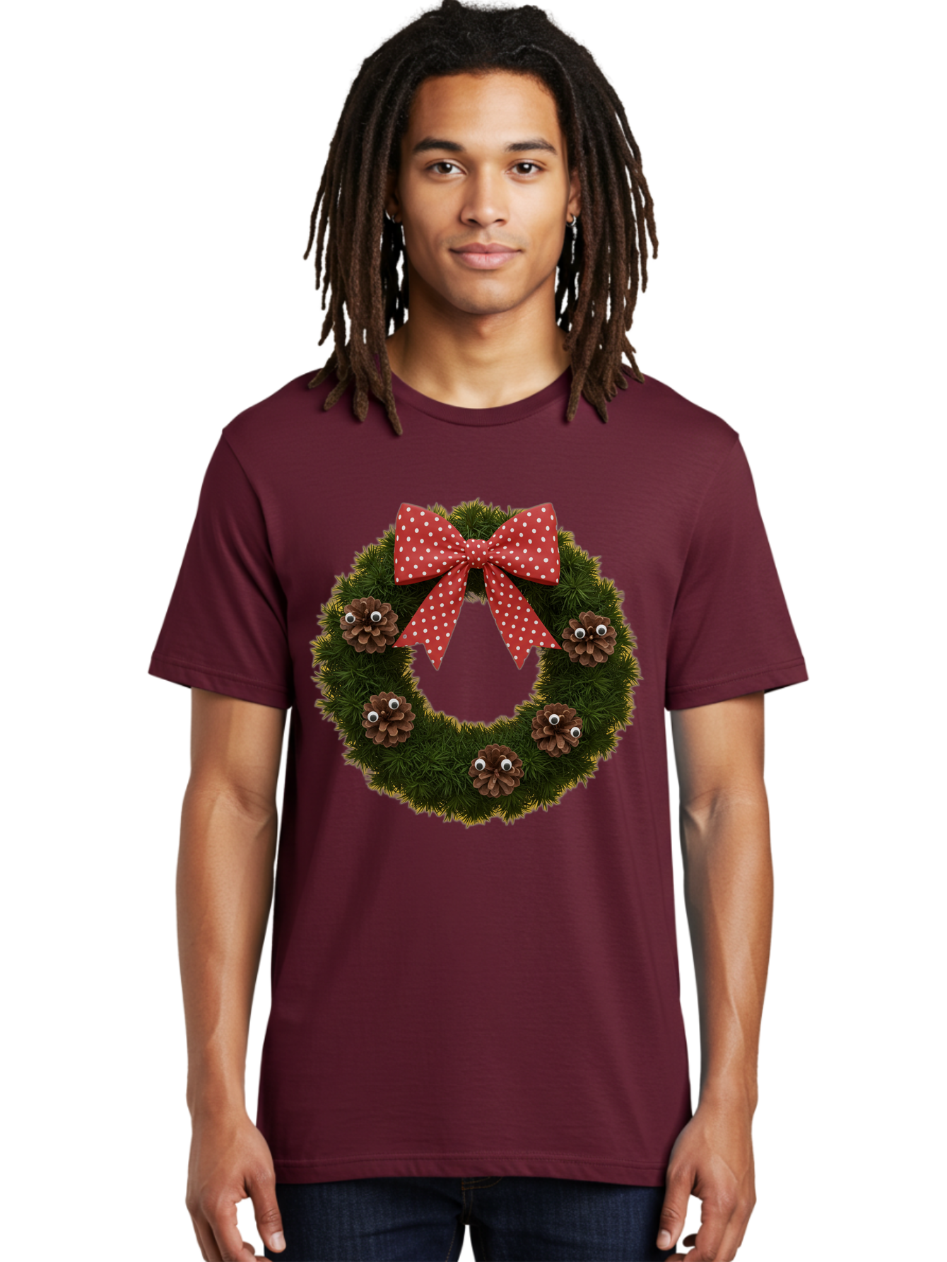 Pinecone-Wreath Men'S Graphic Tee, 100% Cotton, Comfortable Casual Summer Wear, Machine Washable, Christmas Wreath With Pinecones, Red Bow, White Polka Dots, Holiday Decoration, Festive Decor, Christmas Tree Branches, Bac246 22