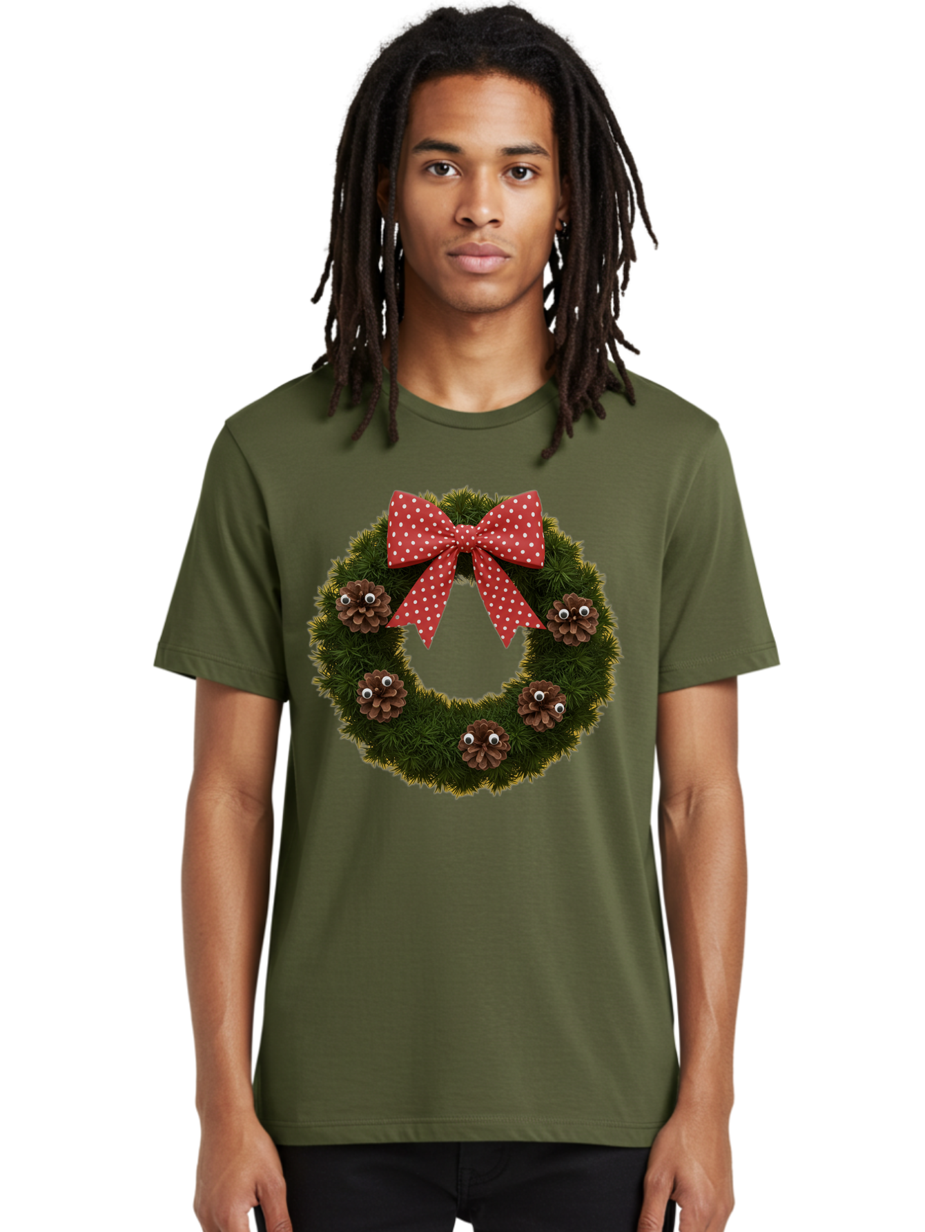 Pinecone-Wreath Men'S Graphic Tee, 100% Cotton, Comfortable Casual Summer Wear, Machine Washable, Christmas Wreath With Pinecones, Red Bow, White Polka Dots, Holiday Decoration, Festive Decor, Christmas Tree Branches, Bac246 19
