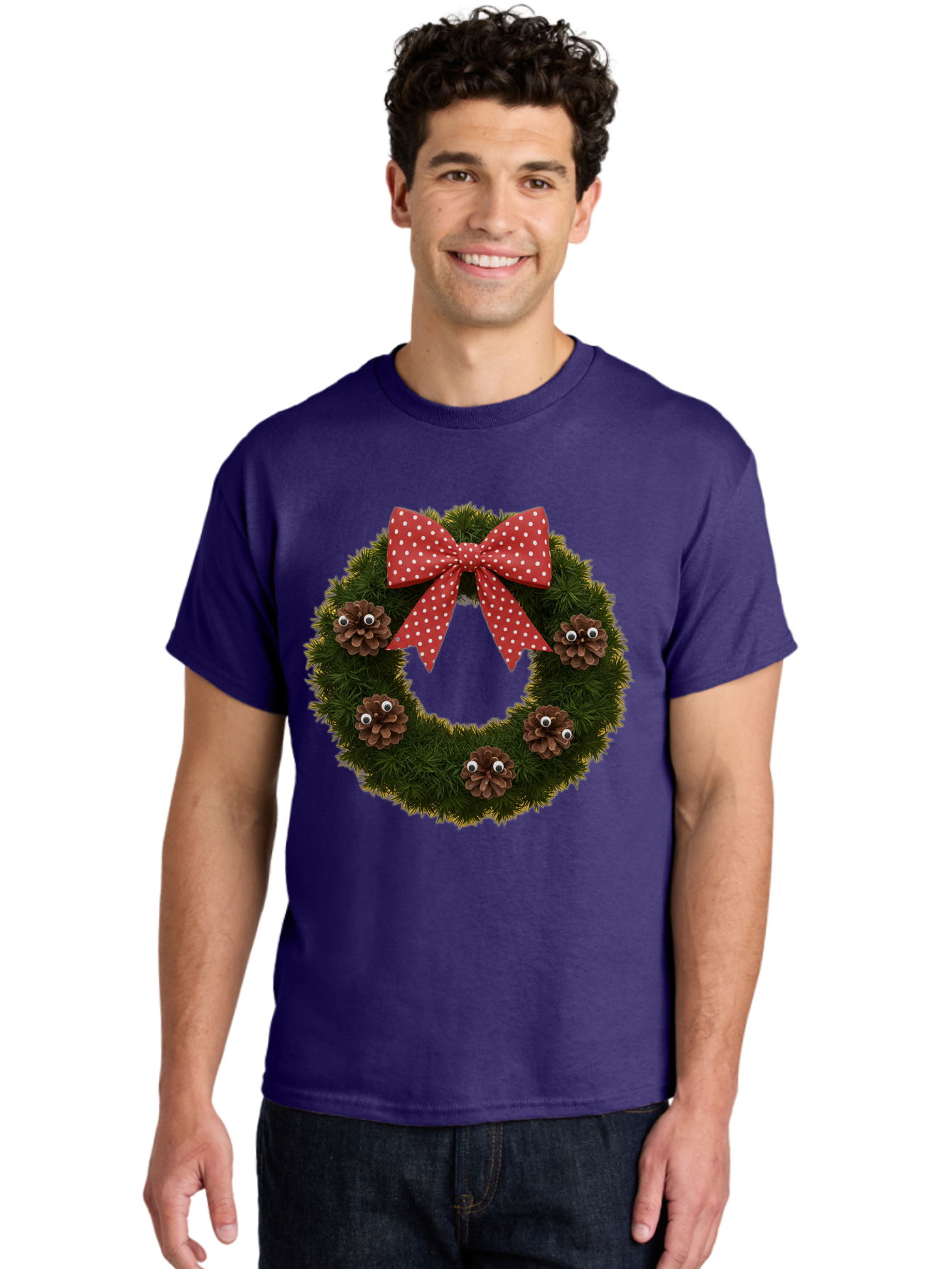 Pinecone-Wreath Men'S Graphic Tee, 100% Cotton, Comfortable Casual Summer Wear, Machine Washable, Christmas Wreath With Pinecones, Red Bow, White Polka Dots, Holiday Decoration, Festive Decor, Christmas Tree Branches, Bac246 18