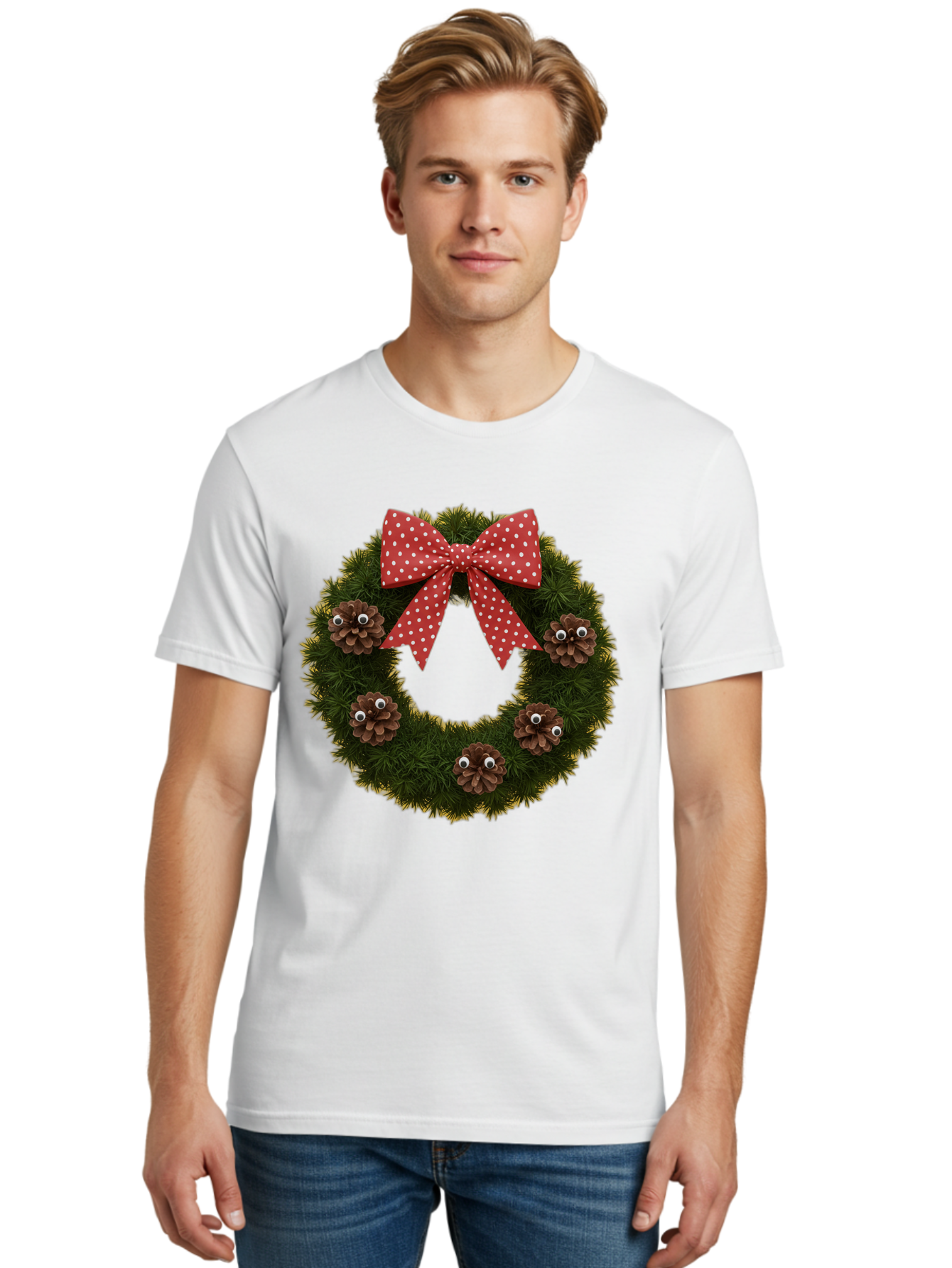 Pinecone-Wreath Men'S Graphic Tee, 100% Cotton, Comfortable Casual Summer Wear, Machine Washable, Christmas Wreath With Pinecones, Red Bow, White Polka Dots, Holiday Decoration, Festive Decor, Christmas Tree Branches, Bac246 17