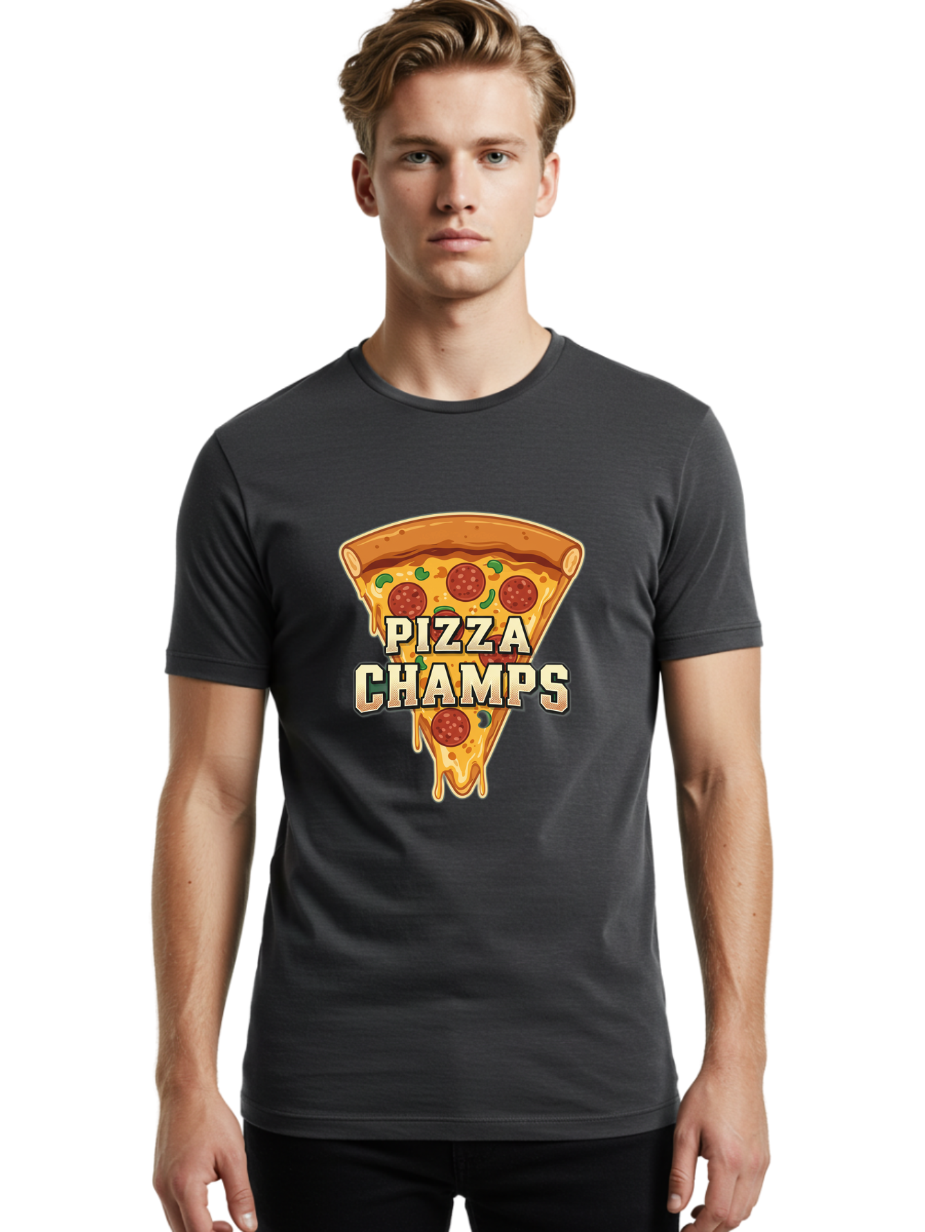 Pizza-Champs Men'S Graphic Tee, 100% Cotton, Comfortable Casual Summer Wear, Machine Washable, Pepperoni Pizza Slice, Cheese Stretch, Pizza Toppings, Italian Food, Pizza Champions, Gaming Logo, Cartoon Style, Appetizing Pizza, Cheesy Pizza, Bac261 24