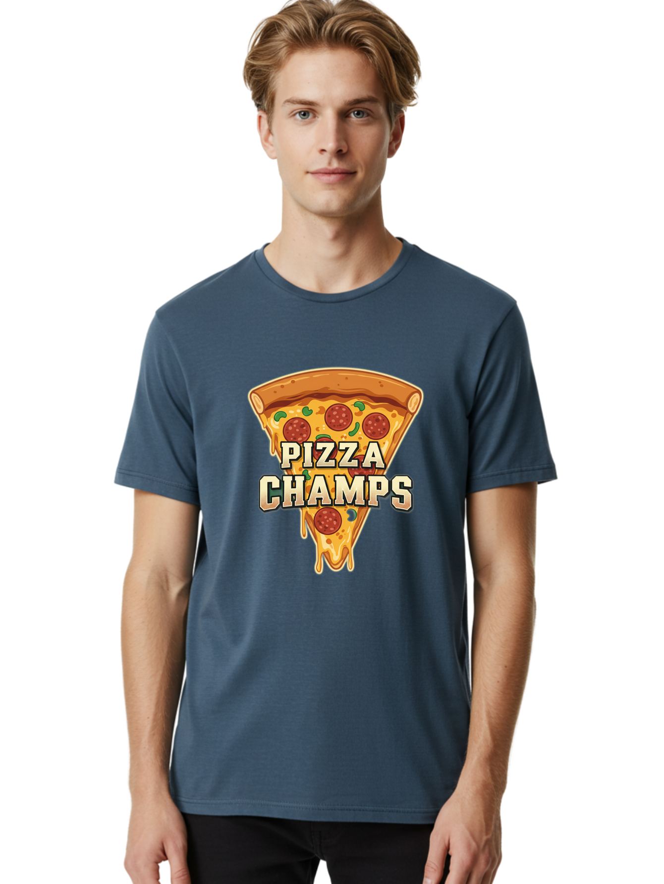 Pizza-Champs Men'S Graphic Tee, 100% Cotton, Comfortable Casual Summer Wear, Machine Washable, Pepperoni Pizza Slice, Cheese Stretch, Pizza Toppings, Italian Food, Pizza Champions, Gaming Logo, Cartoon Style, Appetizing Pizza, Cheesy Pizza, Bac261 23