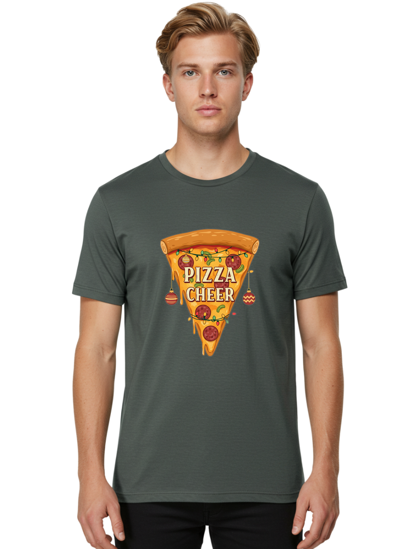 Pizza-Cheer Men'S Graphic Tee, 100% Cotton, Comfortable Casual Summer Wear, Machine Washable, Pizza Slice, Pepperoni Pizza, Christmas Decorations, Holiday Cheer, Festive Food, Delicious Pizza, Christmas Ornaments, Pizza Party, Merry Christmas Bac262 19