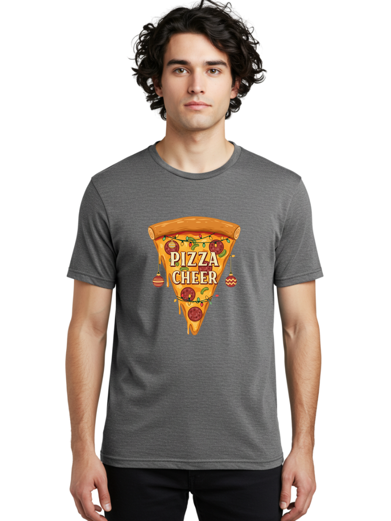 Pizza-Cheer Men'S Graphic Tee, 100% Cotton, Comfortable Casual Summer Wear, Machine Washable, Pizza Slice, Pepperoni Pizza, Christmas Decorations, Holiday Cheer, Festive Food, Delicious Pizza, Christmas Ornaments, Pizza Party, Merry Christmas Bac262 21