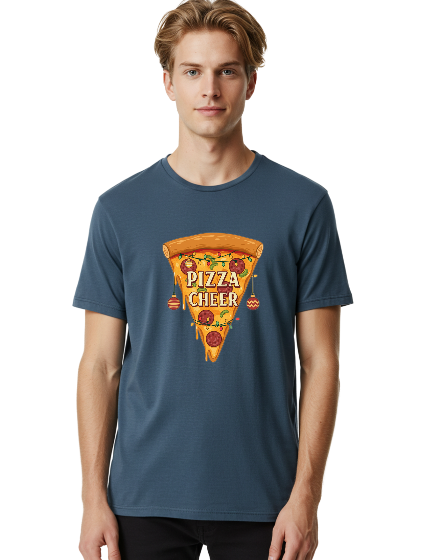 Pizza-Cheer Men'S Graphic Tee, 100% Cotton, Comfortable Casual Summer Wear, Machine Washable, Pizza Slice, Pepperoni Pizza, Christmas Decorations, Holiday Cheer, Festive Food, Delicious Pizza, Christmas Ornaments, Pizza Party, Merry Christmas Bac262 23