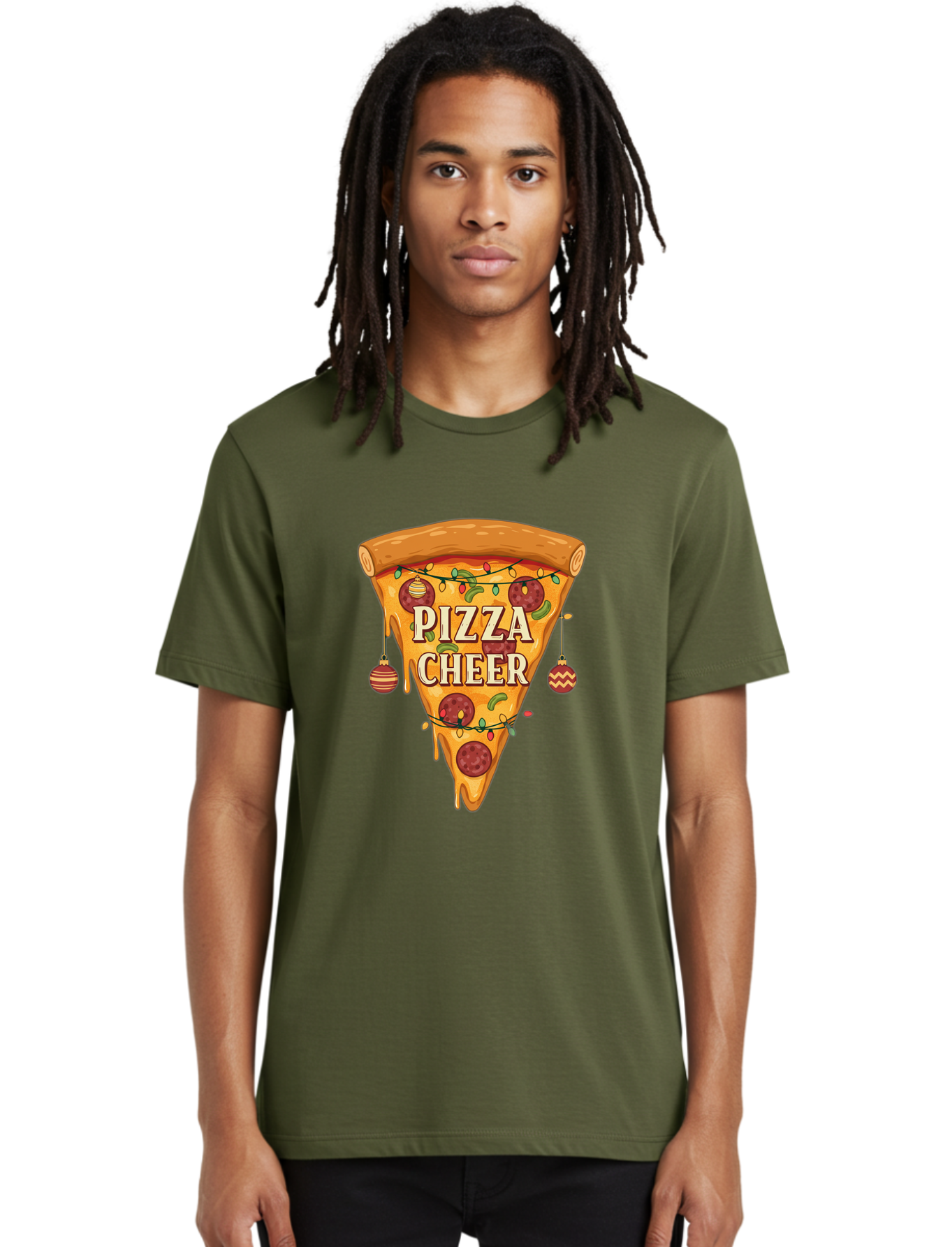 Pizza-Cheer Men'S Graphic Tee, 100% Cotton, Comfortable Casual Summer Wear, Machine Washable, Pizza Slice, Pepperoni Pizza, Christmas Decorations, Holiday Cheer, Festive Food, Delicious Pizza, Christmas Ornaments, Pizza Party, Merry Christmas Bac262 16
