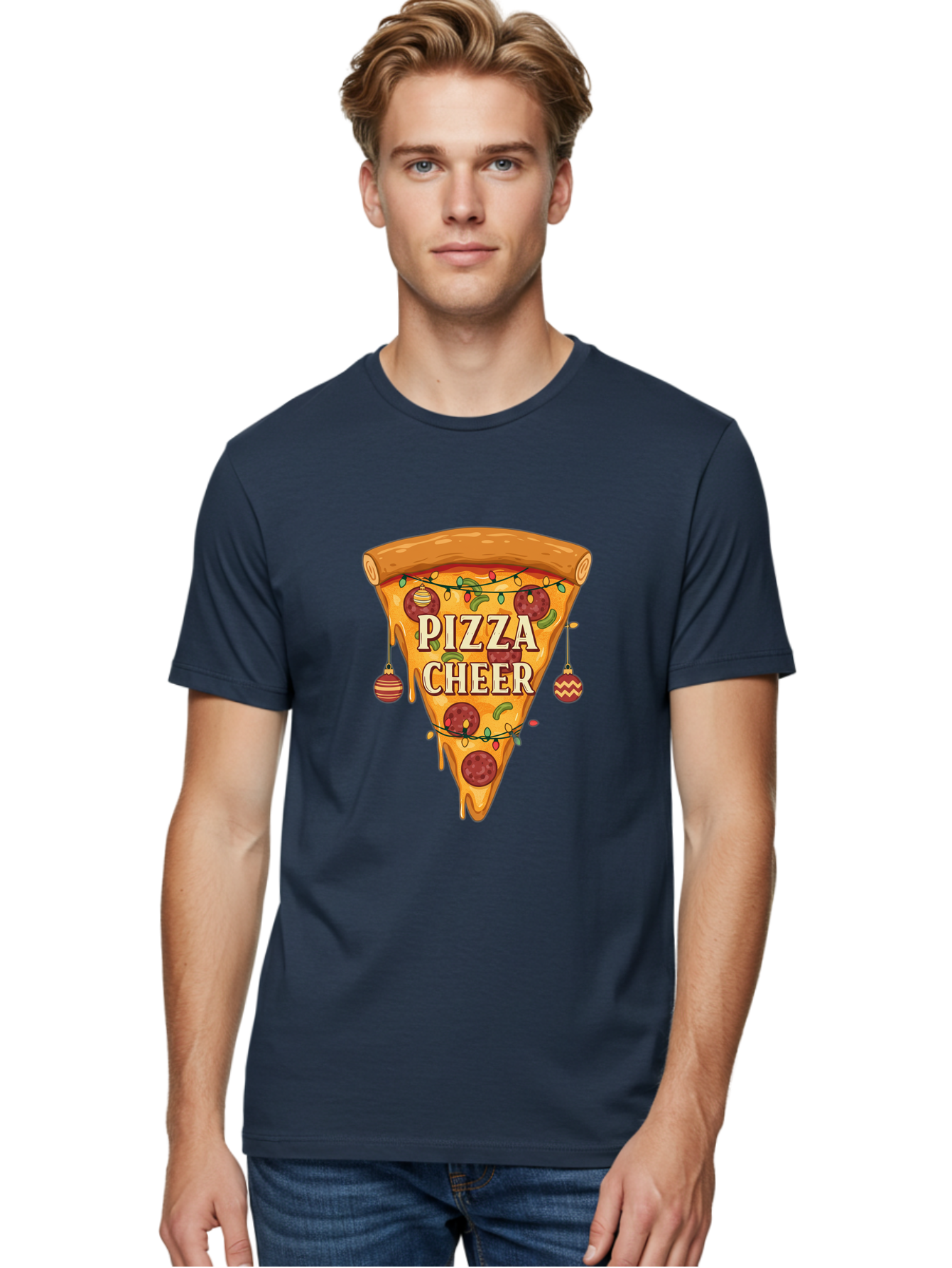 Pizza-Cheer Men'S Graphic Tee, 100% Cotton, Comfortable Casual Summer Wear, Machine Washable, Pizza Slice, Pepperoni Pizza, Christmas Decorations, Holiday Cheer, Festive Food, Delicious Pizza, Christmas Ornaments, Pizza Party, Merry Christmas Bac262 29