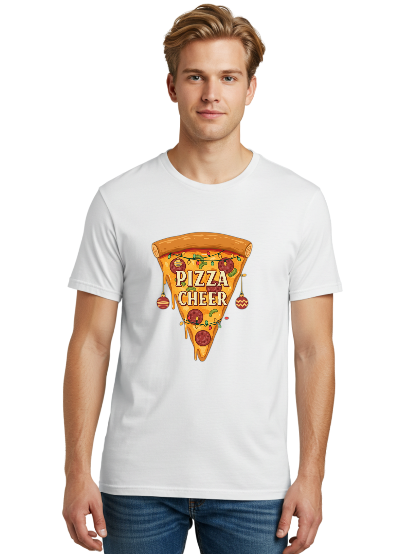 Pizza-Cheer Men'S Graphic Tee, 100% Cotton, Comfortable Casual Summer Wear, Machine Washable, Pizza Slice, Pepperoni Pizza, Christmas Decorations, Holiday Cheer, Festive Food, Delicious Pizza, Christmas Ornaments, Pizza Party, Merry Christmas Bac262 26