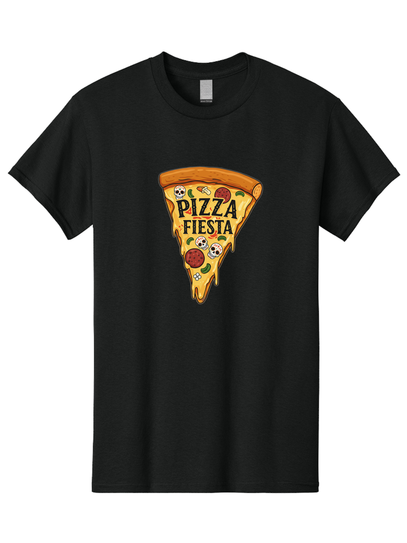 Pizza-Fiesta Men'S Graphic Tee, 100% Cotton, Comfortable Casual Summer Wear, Machine Washable, Pizza Slice, Melted Cheese, Pepperoni Topping, Jalapeno Peppers, Skull Decoration, Fiesta Theme, Cartoon Style, Savory Food, Spicy Pizza, Bac264 5