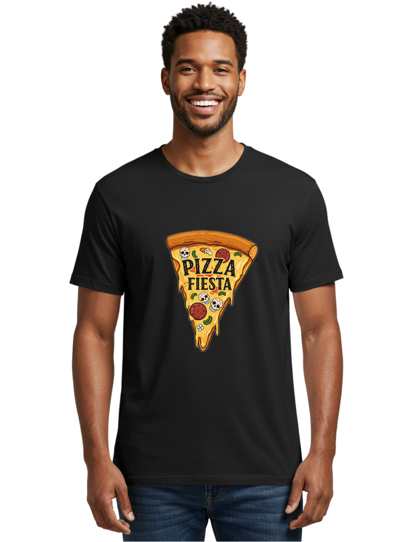 Pizza-Fiesta Men'S Graphic Tee, 100% Cotton, Comfortable Casual Summer Wear, Machine Washable, Pizza Slice, Melted Cheese, Pepperoni Topping, Jalapeno Peppers, Skull Decoration, Fiesta Theme, Cartoon Style, Savory Food, Spicy Pizza, Bac264 20