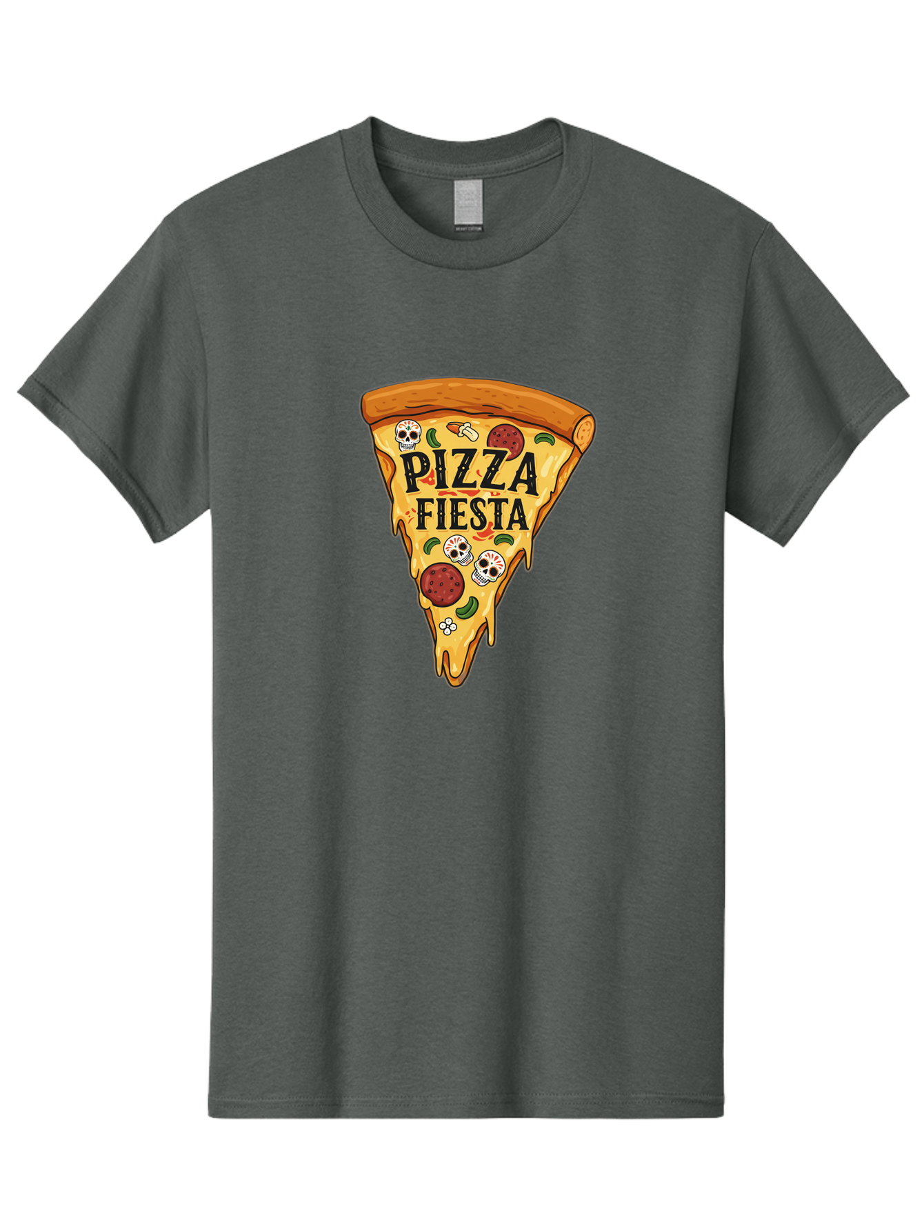 Pizza-Fiesta Men'S Graphic Tee, 100% Cotton, Comfortable Casual Summer Wear, Machine Washable, Pizza Slice, Melted Cheese, Pepperoni Topping, Jalapeno Peppers, Skull Decoration, Fiesta Theme, Cartoon Style, Savory Food, Spicy Pizza, Bac264 13