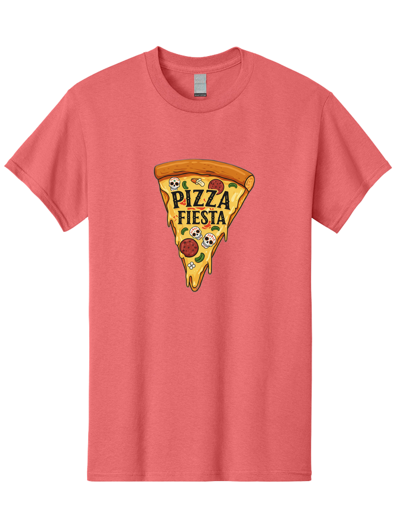 Pizza-Fiesta Men'S Graphic Tee, 100% Cotton, Comfortable Casual Summer Wear, Machine Washable, Pizza Slice, Melted Cheese, Pepperoni Topping, Jalapeno Peppers, Skull Decoration, Fiesta Theme, Cartoon Style, Savory Food, Spicy Pizza, Bac264 6