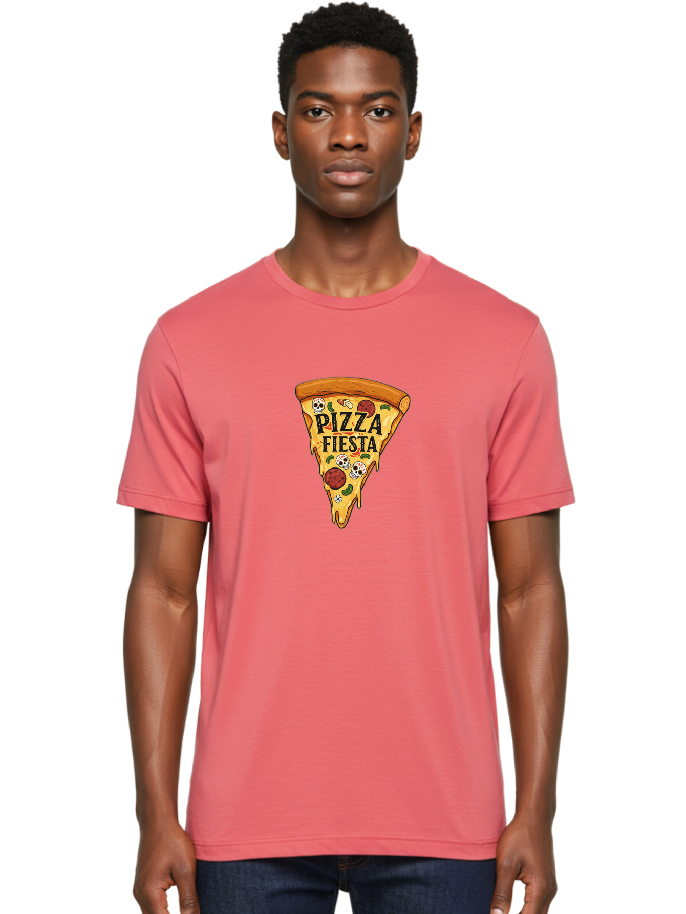 Pizza-Fiesta Men'S Graphic Tee, 100% Cotton, Comfortable Casual Summer Wear, Machine Washable, Pizza Slice, Melted Cheese, Pepperoni Topping, Jalapeno Peppers, Skull Decoration, Fiesta Theme, Cartoon Style, Savory Food, Spicy Pizza, Bac264 21