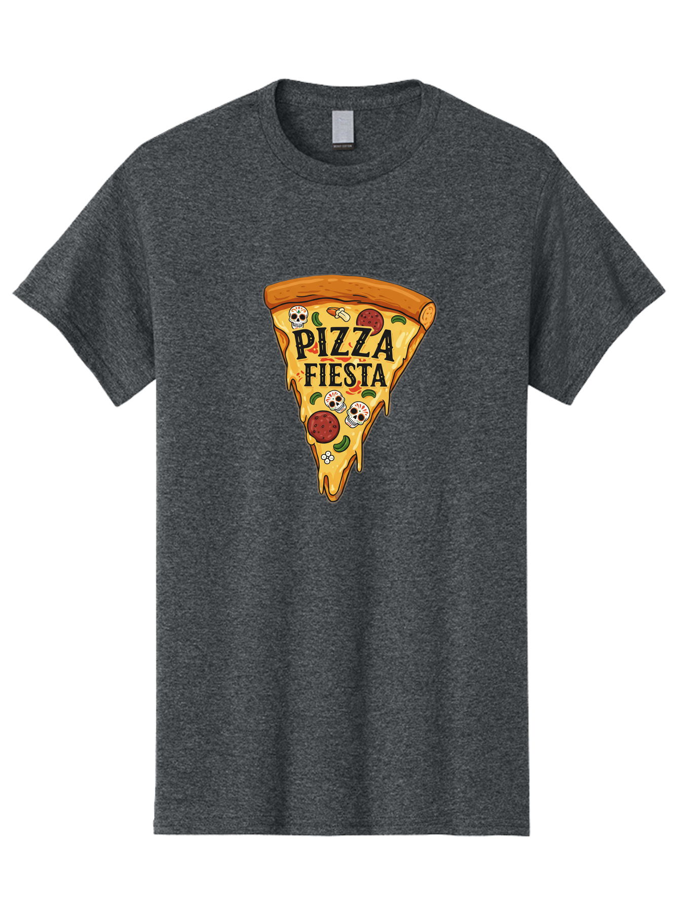 Pizza-Fiesta Men'S Graphic Tee, 100% Cotton, Comfortable Casual Summer Wear, Machine Washable, Pizza Slice, Melted Cheese, Pepperoni Topping, Jalapeno Peppers, Skull Decoration, Fiesta Theme, Cartoon Style, Savory Food, Spicy Pizza, Bac264 11