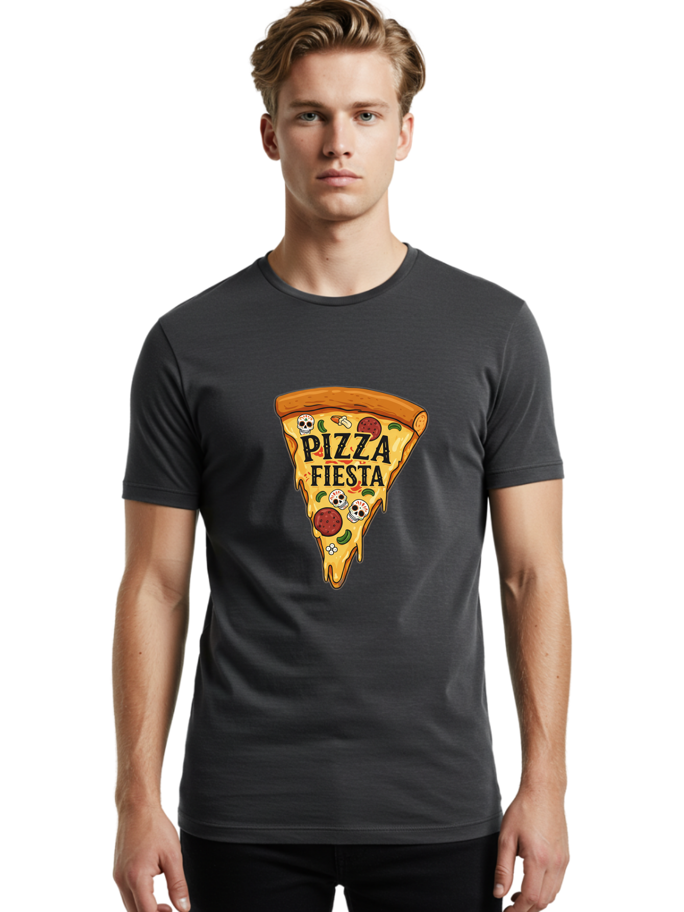 Pizza-Fiesta Men'S Graphic Tee, 100% Cotton, Comfortable Casual Summer Wear, Machine Washable, Pizza Slice, Melted Cheese, Pepperoni Topping, Jalapeno Peppers, Skull Decoration, Fiesta Theme, Cartoon Style, Savory Food, Spicy Pizza, Bac264 26