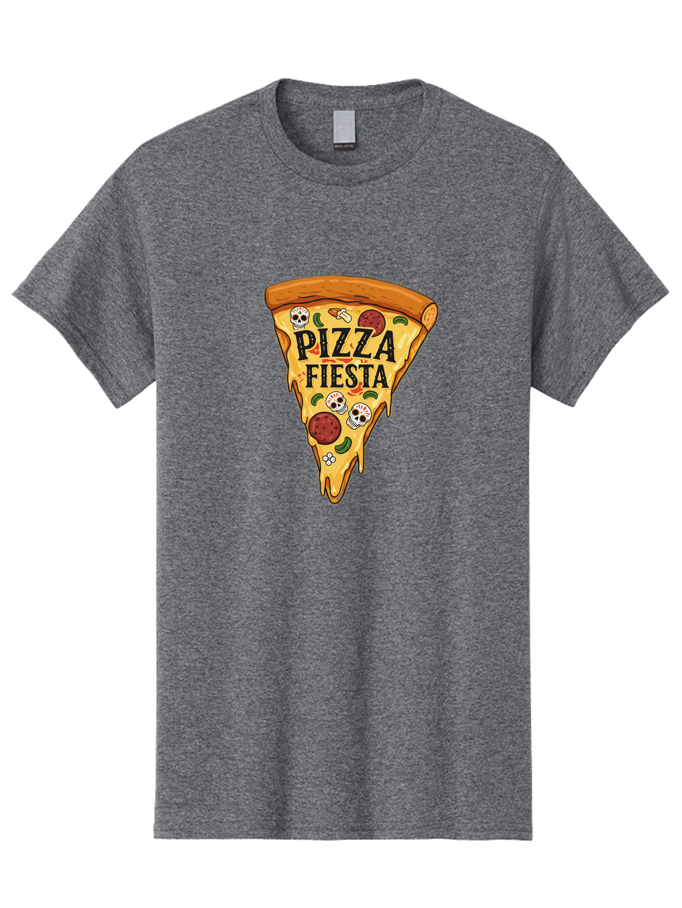 Pizza-Fiesta Men'S Graphic Tee, 100% Cotton, Comfortable Casual Summer Wear, Machine Washable, Pizza Slice, Melted Cheese, Pepperoni Topping, Jalapeno Peppers, Skull Decoration, Fiesta Theme, Cartoon Style, Savory Food, Spicy Pizza, Bac264 2