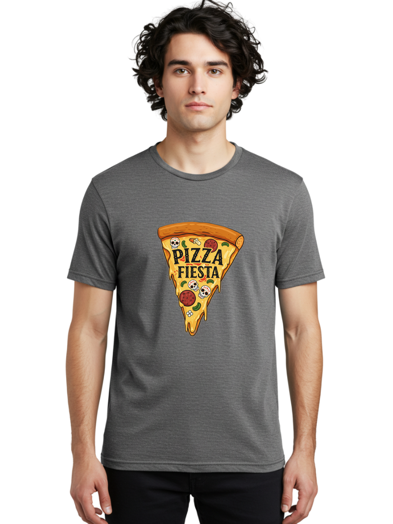 Pizza-Fiesta Men'S Graphic Tee, 100% Cotton, Comfortable Casual Summer Wear, Machine Washable, Pizza Slice, Melted Cheese, Pepperoni Topping, Jalapeno Peppers, Skull Decoration, Fiesta Theme, Cartoon Style, Savory Food, Spicy Pizza, Bac264 17