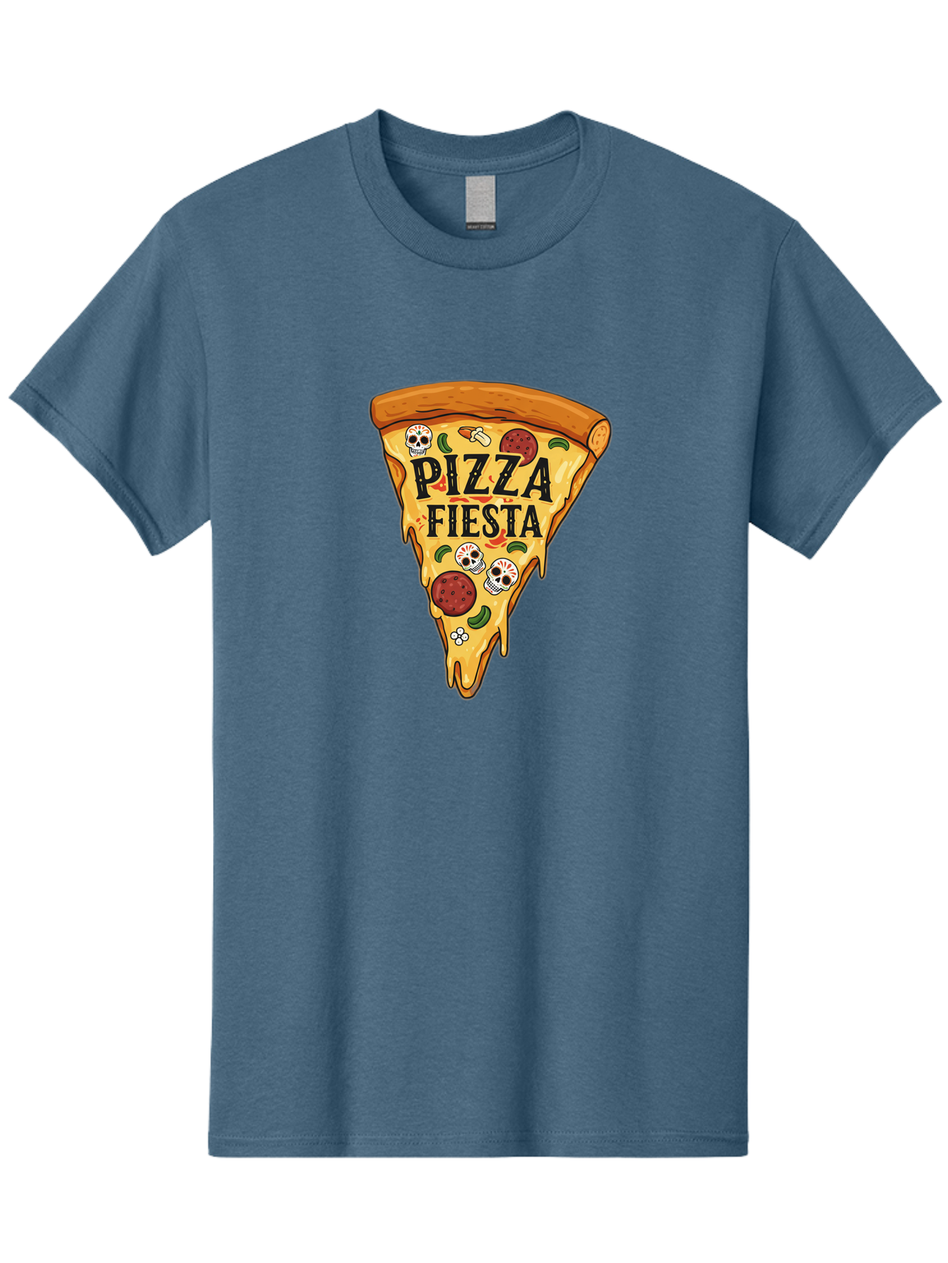 Pizza-Fiesta Men'S Graphic Tee, 100% Cotton, Comfortable Casual Summer Wear, Machine Washable, Pizza Slice, Melted Cheese, Pepperoni Topping, Jalapeno Peppers, Skull Decoration, Fiesta Theme, Cartoon Style, Savory Food, Spicy Pizza, Bac264 10