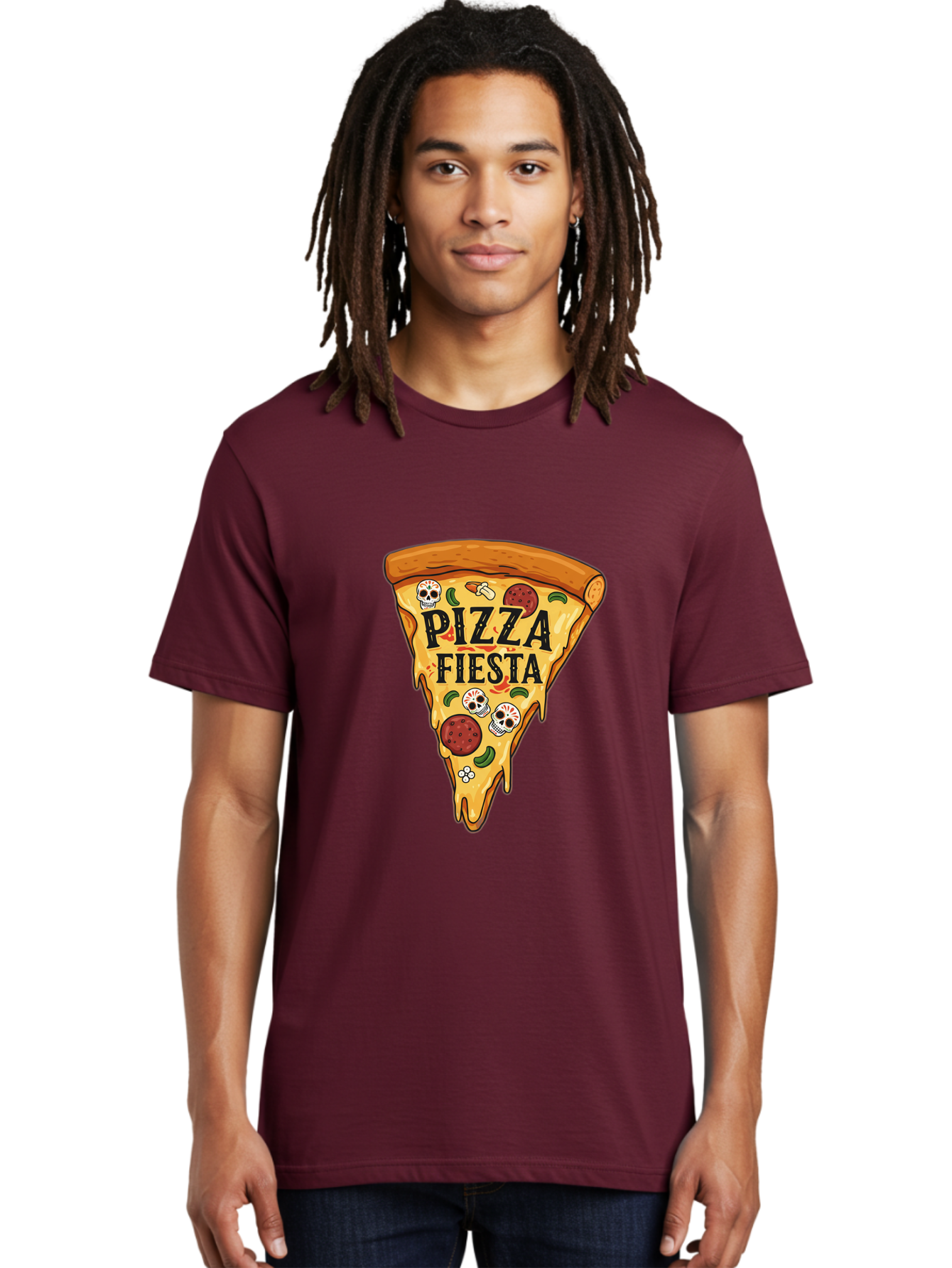Pizza-Fiesta Men'S Graphic Tee, 100% Cotton, Comfortable Casual Summer Wear, Machine Washable, Pizza Slice, Melted Cheese, Pepperoni Topping, Jalapeno Peppers, Skull Decoration, Fiesta Theme, Cartoon Style, Savory Food, Spicy Pizza, Bac264 30