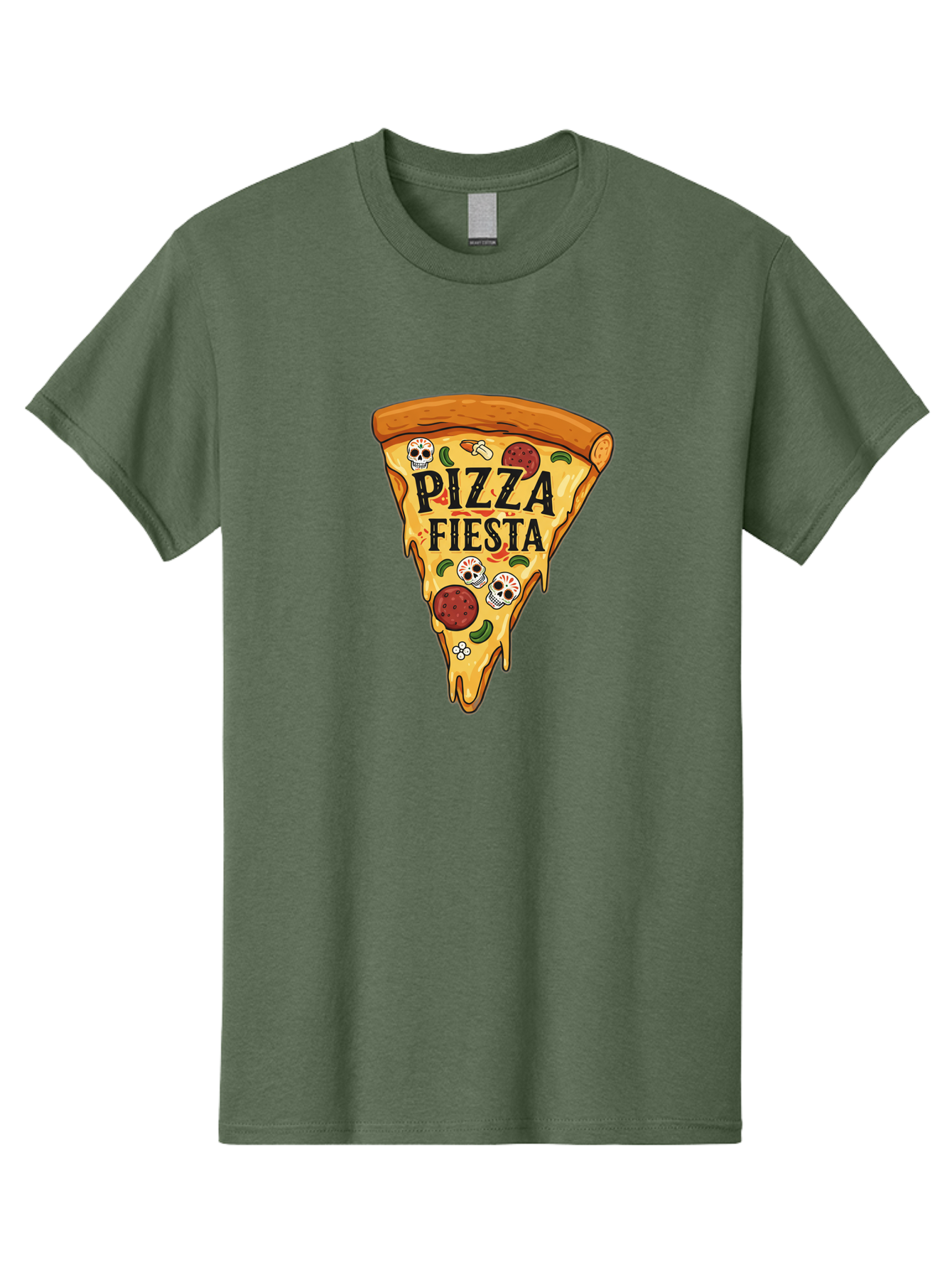 Pizza-Fiesta Men'S Graphic Tee, 100% Cotton, Comfortable Casual Summer Wear, Machine Washable, Pizza Slice, Melted Cheese, Pepperoni Topping, Jalapeno Peppers, Skull Decoration, Fiesta Theme, Cartoon Style, Savory Food, Spicy Pizza, Bac264 7