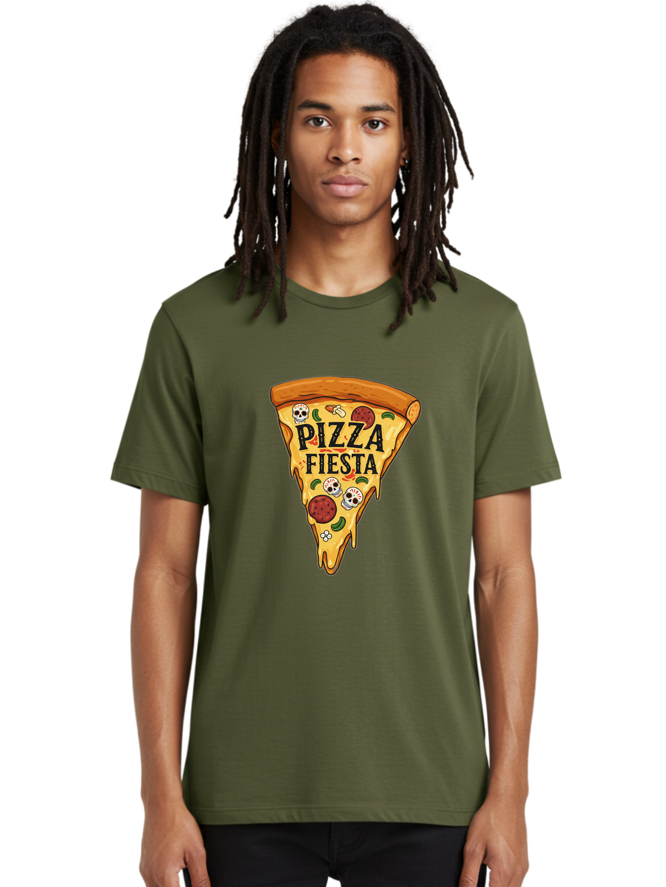 Pizza-Fiesta Men'S Graphic Tee, 100% Cotton, Comfortable Casual Summer Wear, Machine Washable, Pizza Slice, Melted Cheese, Pepperoni Topping, Jalapeno Peppers, Skull Decoration, Fiesta Theme, Cartoon Style, Savory Food, Spicy Pizza, Bac264 22