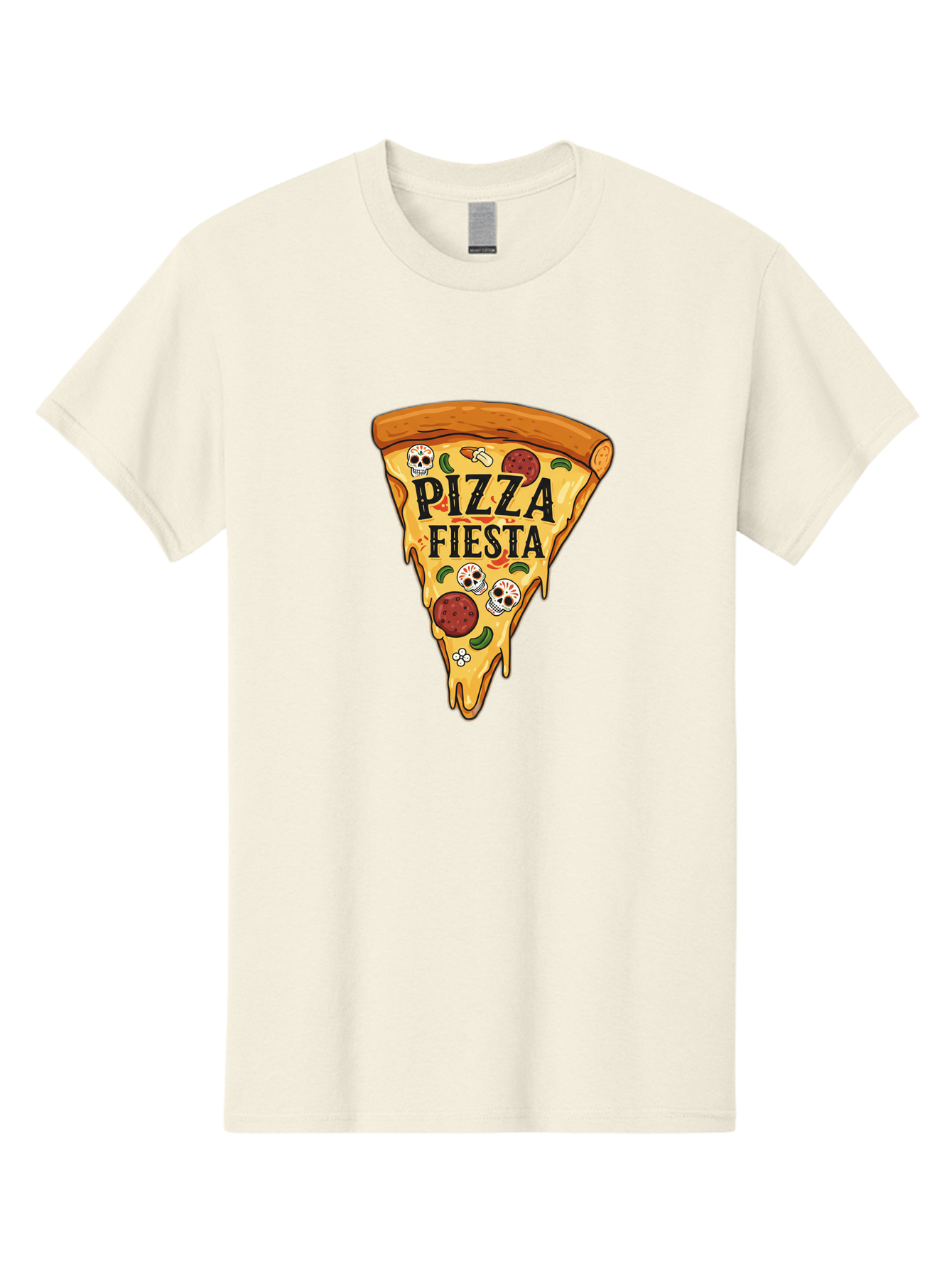 Pizza-Fiesta Men'S Graphic Tee, 100% Cotton, Comfortable Casual Summer Wear, Machine Washable, Pizza Slice, Melted Cheese, Pepperoni Topping, Jalapeno Peppers, Skull Decoration, Fiesta Theme, Cartoon Style, Savory Food, Spicy Pizza, Bac264 8