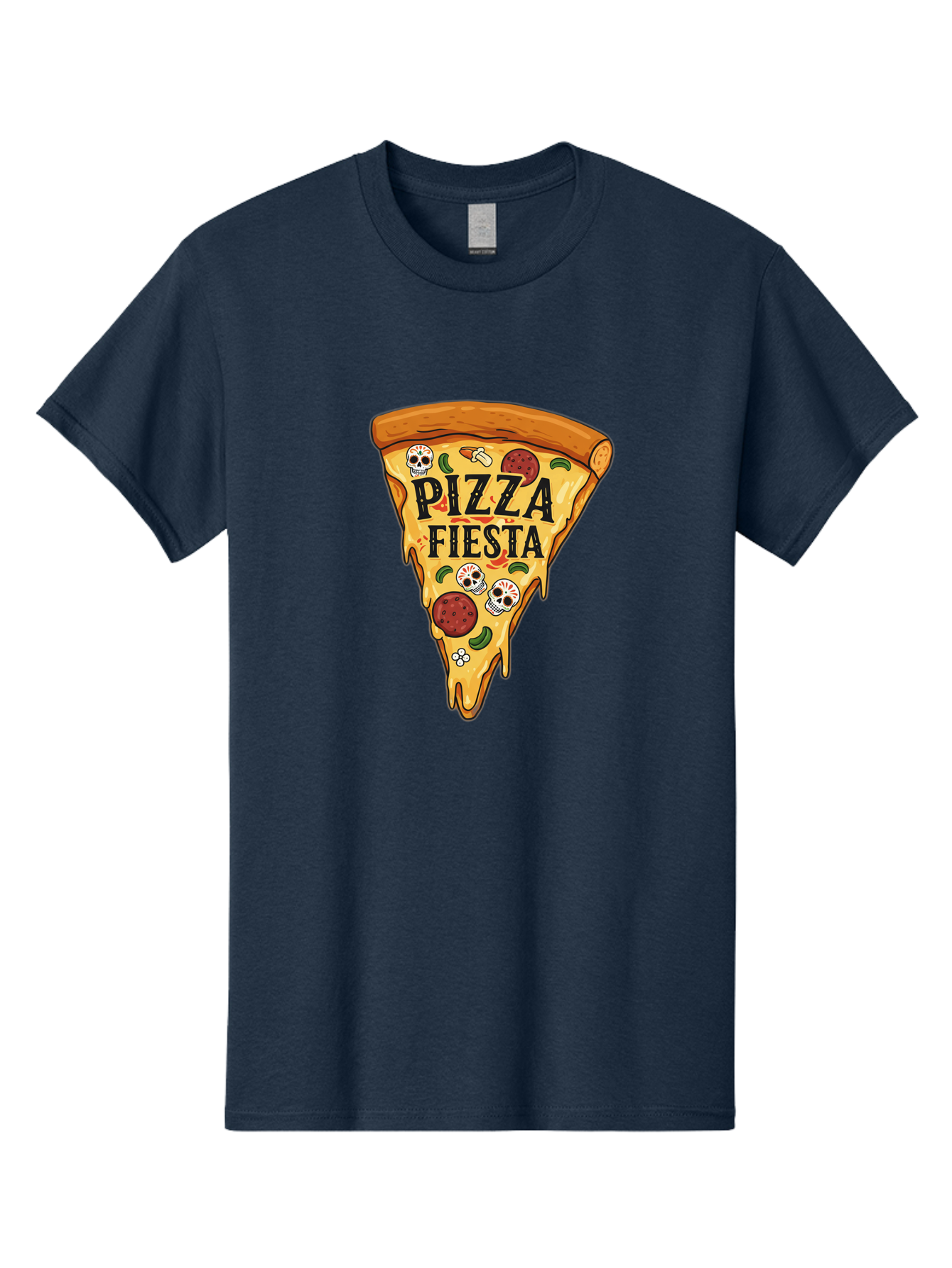 Pizza-Fiesta Men'S Graphic Tee, 100% Cotton, Comfortable Casual Summer Wear, Machine Washable, Pizza Slice, Melted Cheese, Pepperoni Topping, Jalapeno Peppers, Skull Decoration, Fiesta Theme, Cartoon Style, Savory Food, Spicy Pizza, Bac264 3
