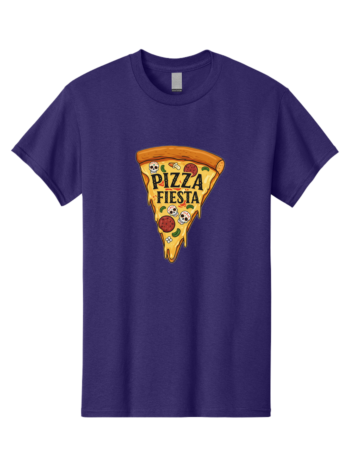Pizza-Fiesta Men'S Graphic Tee, 100% Cotton, Comfortable Casual Summer Wear, Machine Washable, Pizza Slice, Melted Cheese, Pepperoni Topping, Jalapeno Peppers, Skull Decoration, Fiesta Theme, Cartoon Style, Savory Food, Spicy Pizza, Bac264 4