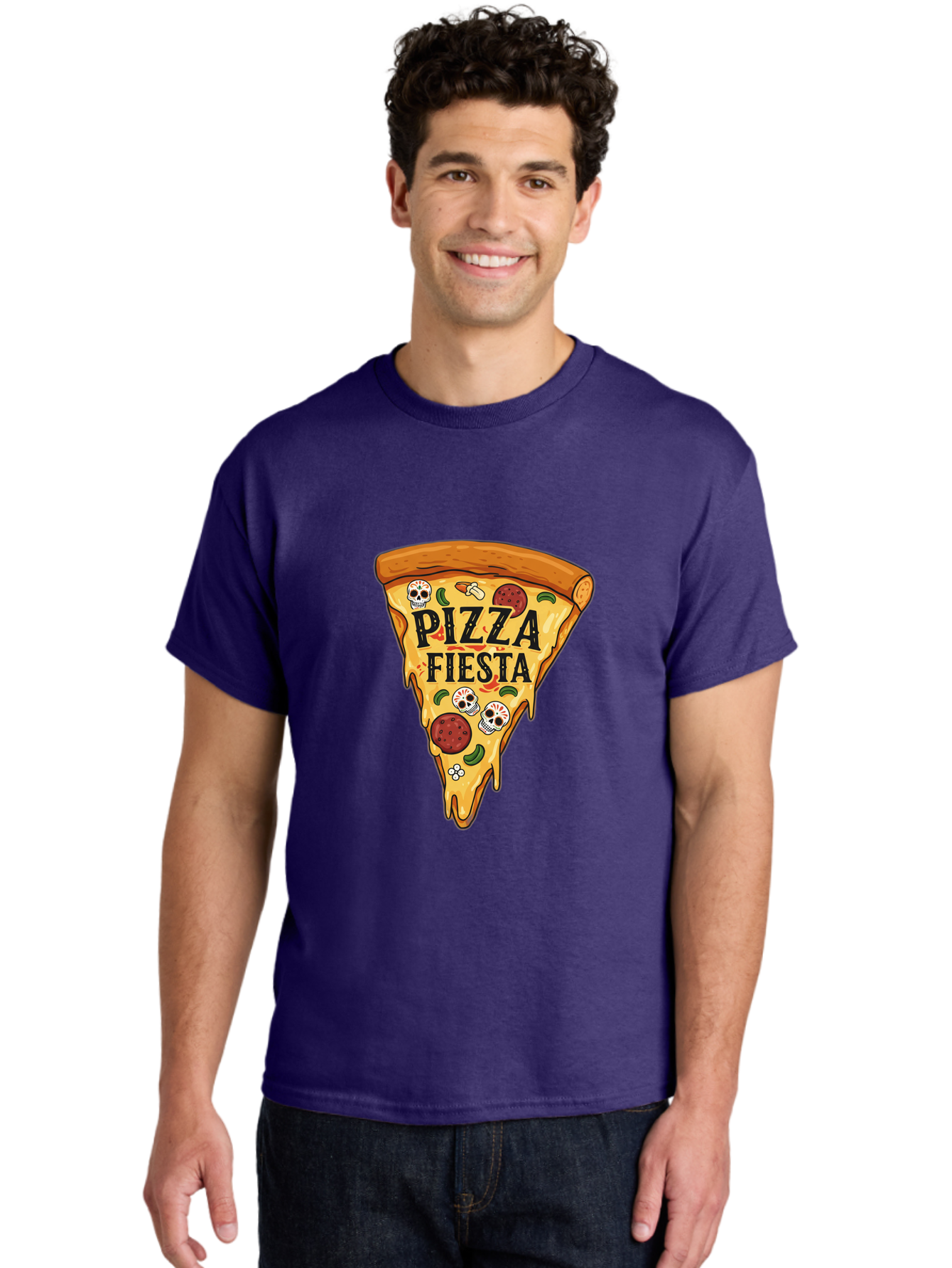 Pizza-Fiesta Men'S Graphic Tee, 100% Cotton, Comfortable Casual Summer Wear, Machine Washable, Pizza Slice, Melted Cheese, Pepperoni Topping, Jalapeno Peppers, Skull Decoration, Fiesta Theme, Cartoon Style, Savory Food, Spicy Pizza, Bac264 19