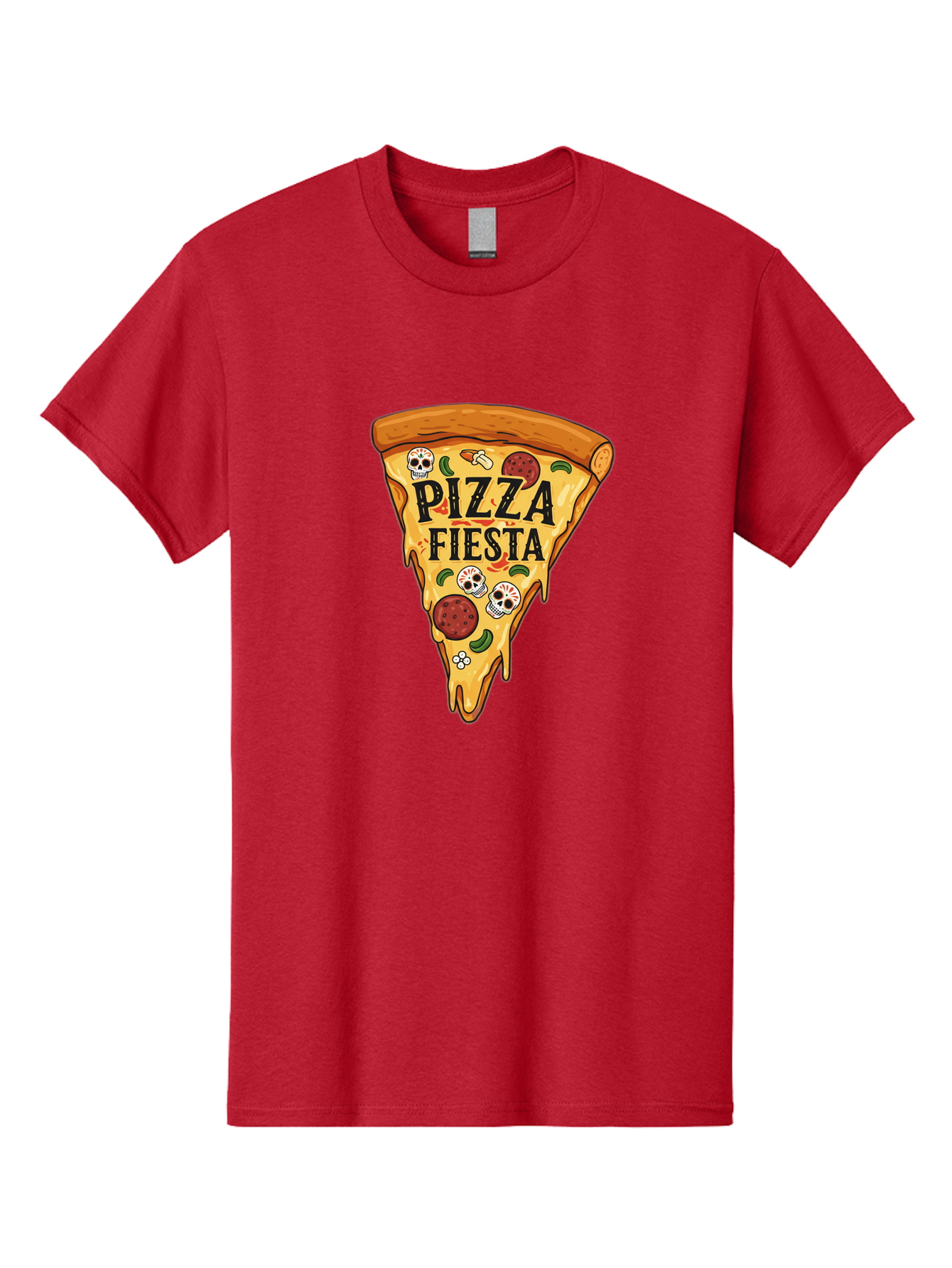Pizza-Fiesta Men'S Graphic Tee, 100% Cotton, Comfortable Casual Summer Wear, Machine Washable, Pizza Slice, Melted Cheese, Pepperoni Topping, Jalapeno Peppers, Skull Decoration, Fiesta Theme, Cartoon Style, Savory Food, Spicy Pizza, Bac264 9