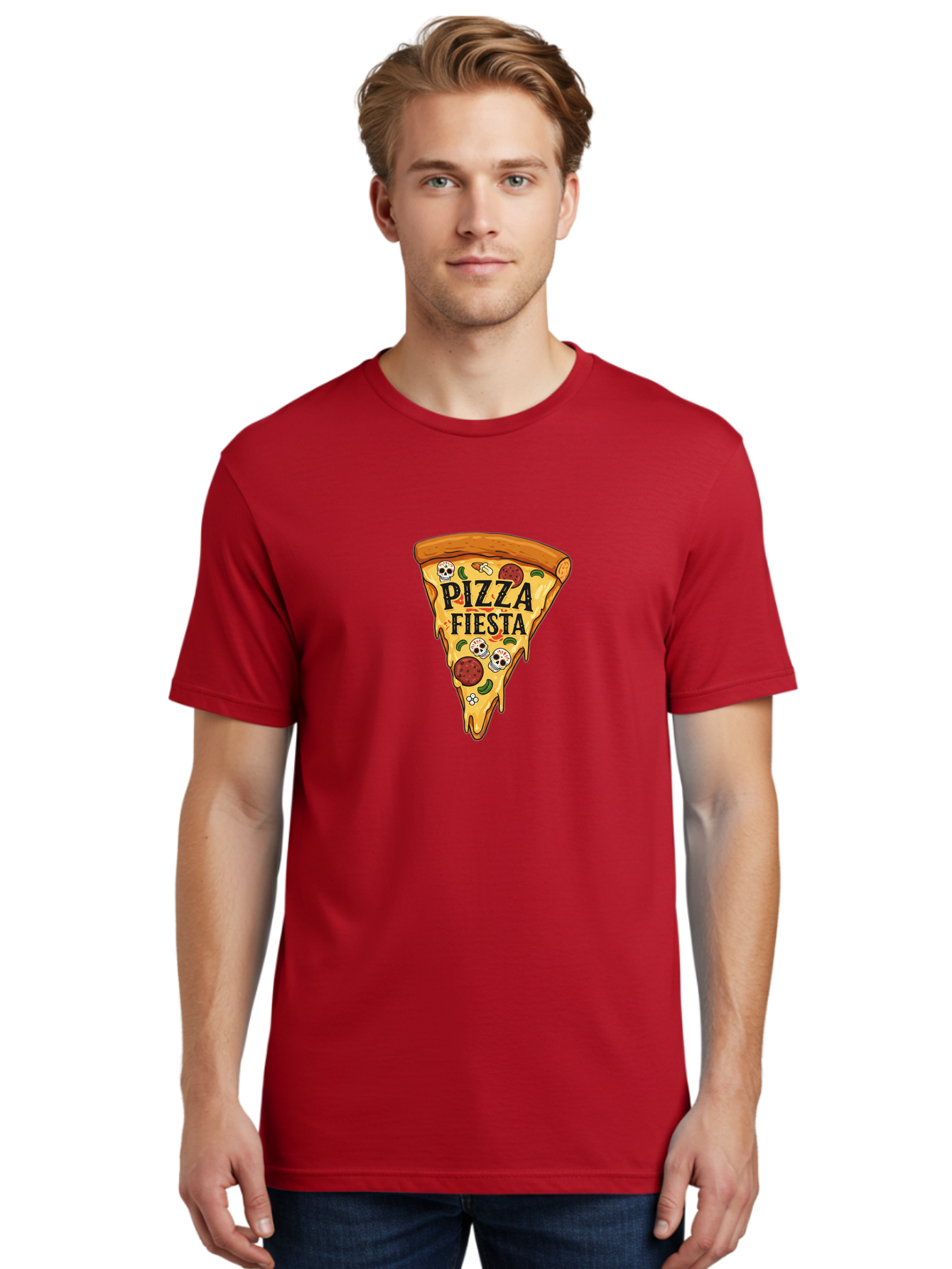 Pizza-Fiesta Men'S Graphic Tee, 100% Cotton, Comfortable Casual Summer Wear, Machine Washable, Pizza Slice, Melted Cheese, Pepperoni Topping, Jalapeno Peppers, Skull Decoration, Fiesta Theme, Cartoon Style, Savory Food, Spicy Pizza, Bac264 24