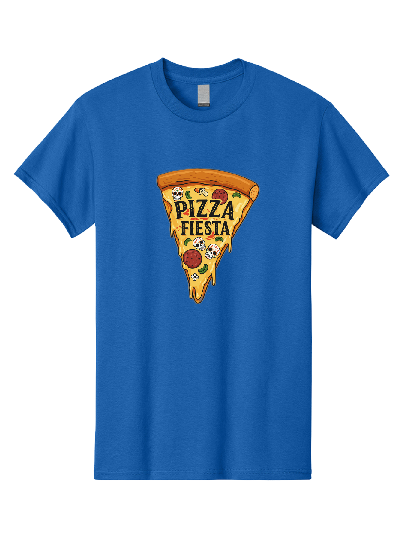 Pizza-Fiesta Men'S Graphic Tee, 100% Cotton, Comfortable Casual Summer Wear, Machine Washable, Pizza Slice, Melted Cheese, Pepperoni Topping, Jalapeno Peppers, Skull Decoration, Fiesta Theme, Cartoon Style, Savory Food, Spicy Pizza, Bac264 12