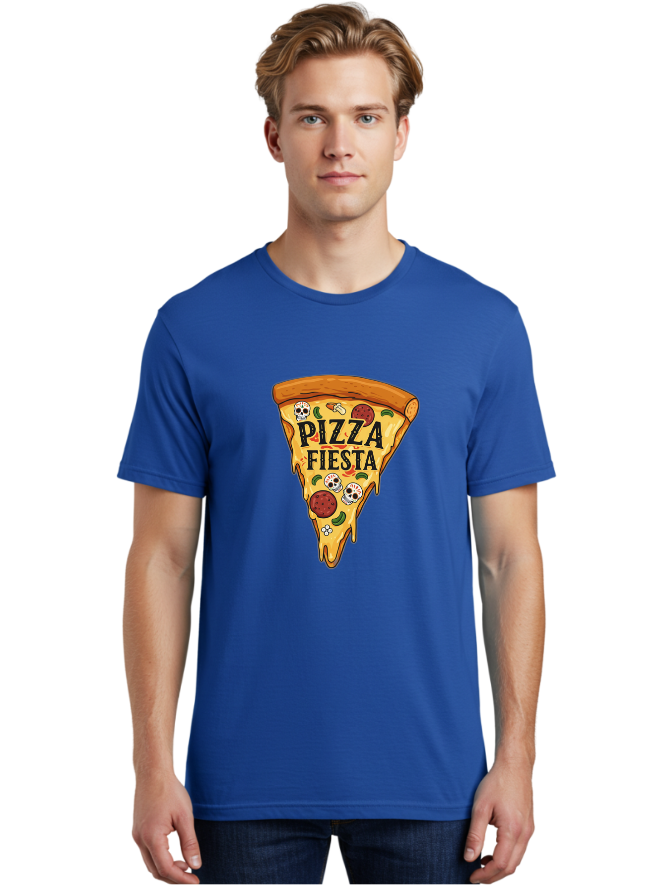 Pizza-Fiesta Men'S Graphic Tee, 100% Cotton, Comfortable Casual Summer Wear, Machine Washable, Pizza Slice, Melted Cheese, Pepperoni Topping, Jalapeno Peppers, Skull Decoration, Fiesta Theme, Cartoon Style, Savory Food, Spicy Pizza, Bac264 27