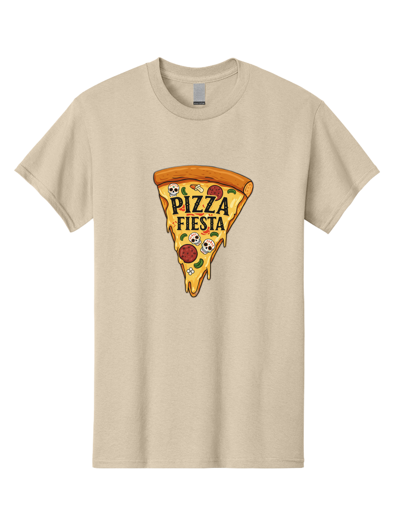 Pizza-Fiesta Men'S Graphic Tee, 100% Cotton, Comfortable Casual Summer Wear, Machine Washable, Pizza Slice, Melted Cheese, Pepperoni Topping, Jalapeno Peppers, Skull Decoration, Fiesta Theme, Cartoon Style, Savory Food, Spicy Pizza, Bac264 14
