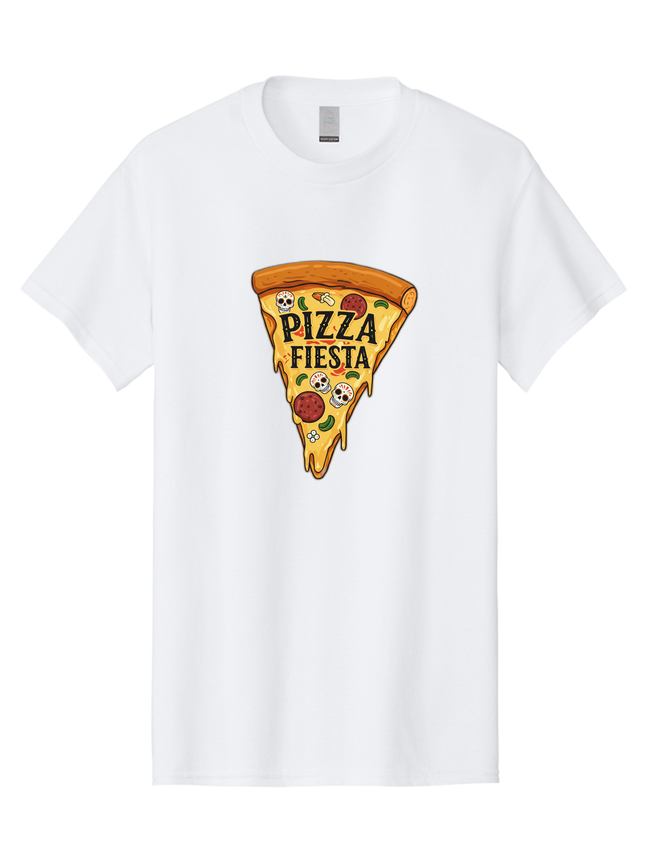 Pizza-Fiesta Men'S Graphic Tee, 100% Cotton, Comfortable Casual Summer Wear, Machine Washable, Pizza Slice, Melted Cheese, Pepperoni Topping, Jalapeno Peppers, Skull Decoration, Fiesta Theme, Cartoon Style, Savory Food, Spicy Pizza, Bac264 1